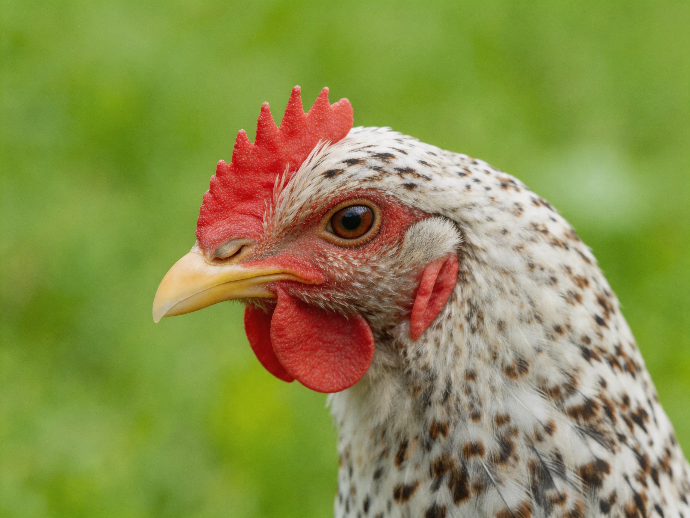 A close - up of a speckled chicken with a bright red comb against a blurred green backdrop