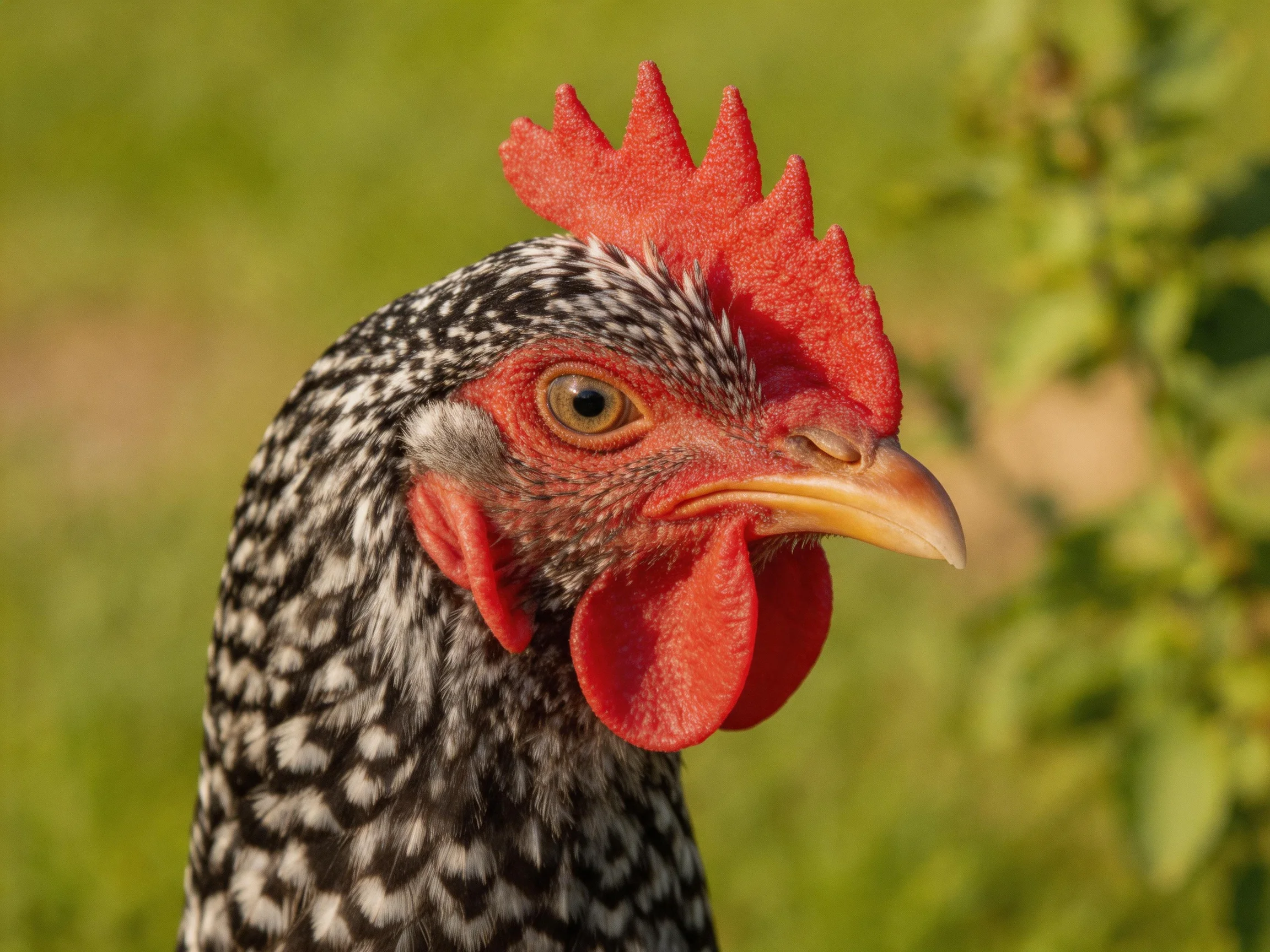 A close - up of a speckled chicken with vibrant red comb and beak