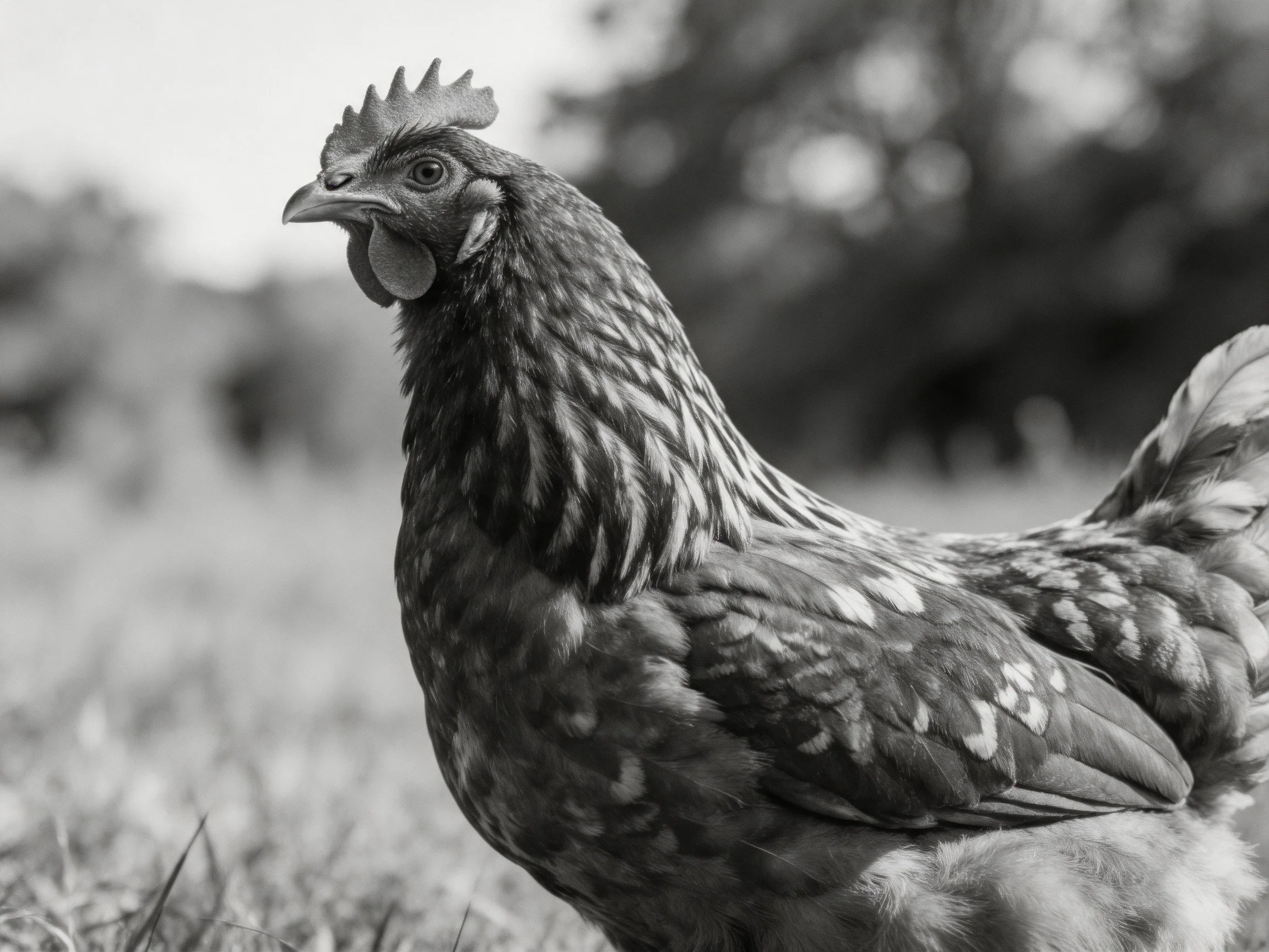 A close - up of a speckled hen in a grassy field