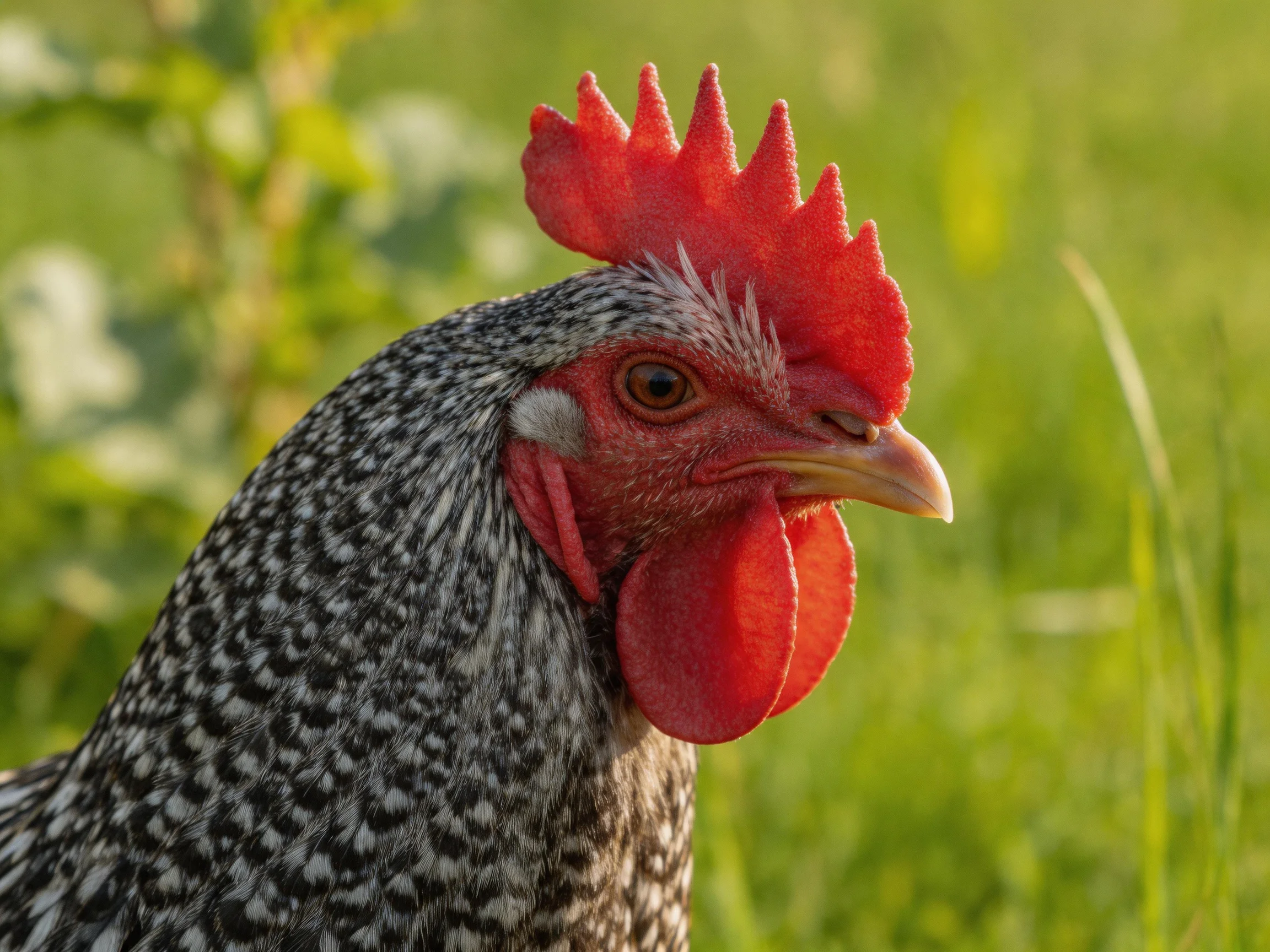 A close-up of a speckled hen with bright red comb in a sunlit green field