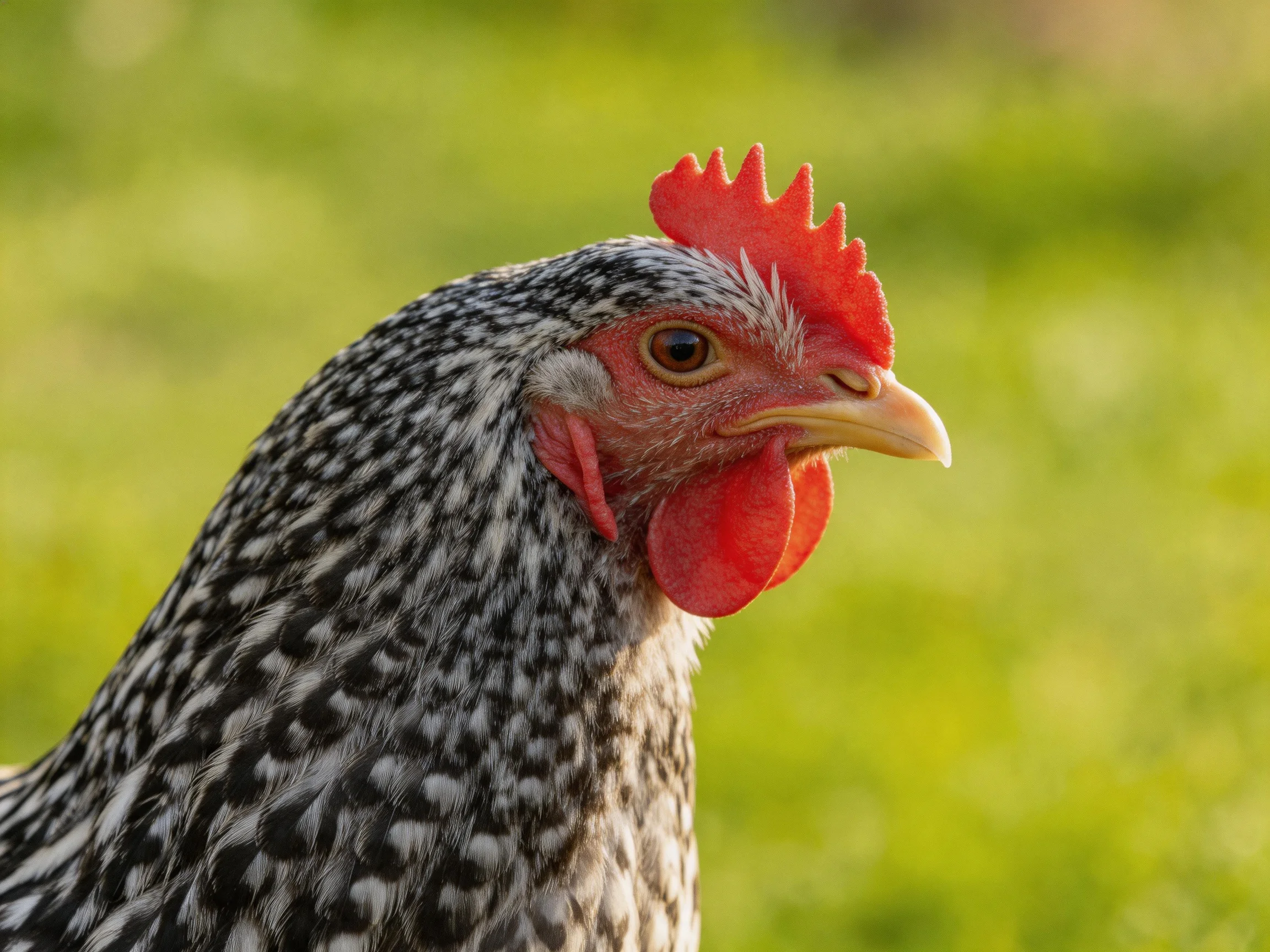 A close-up of a speckled hen with red comb and wattles on green grass