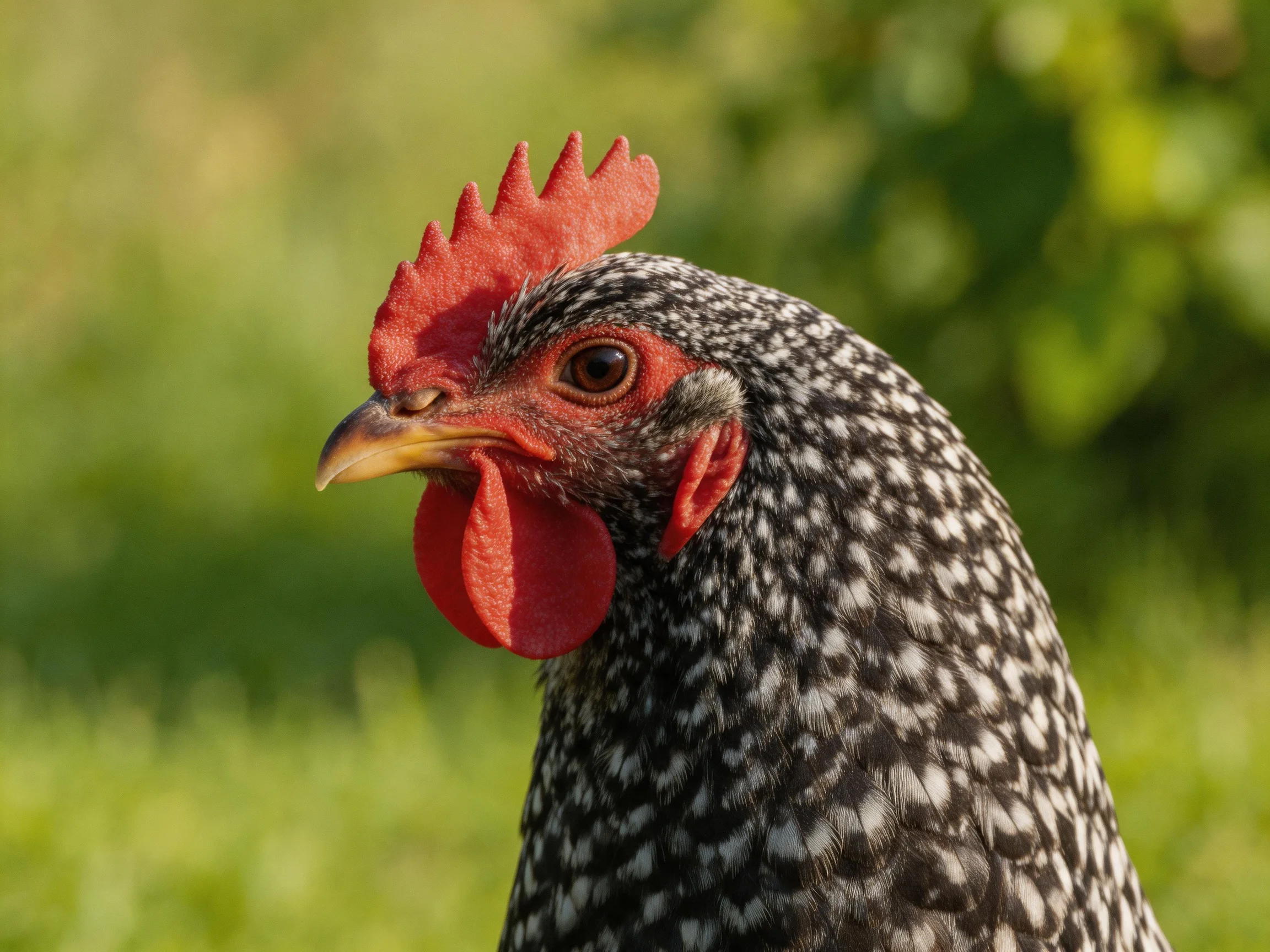 A close - up of a speckled hen with red comb in a green outdoor setting