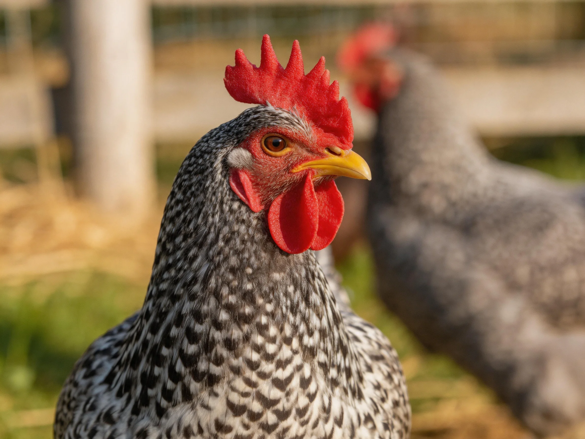 A close - up of a speckled hen with red comb near another hen outdoors