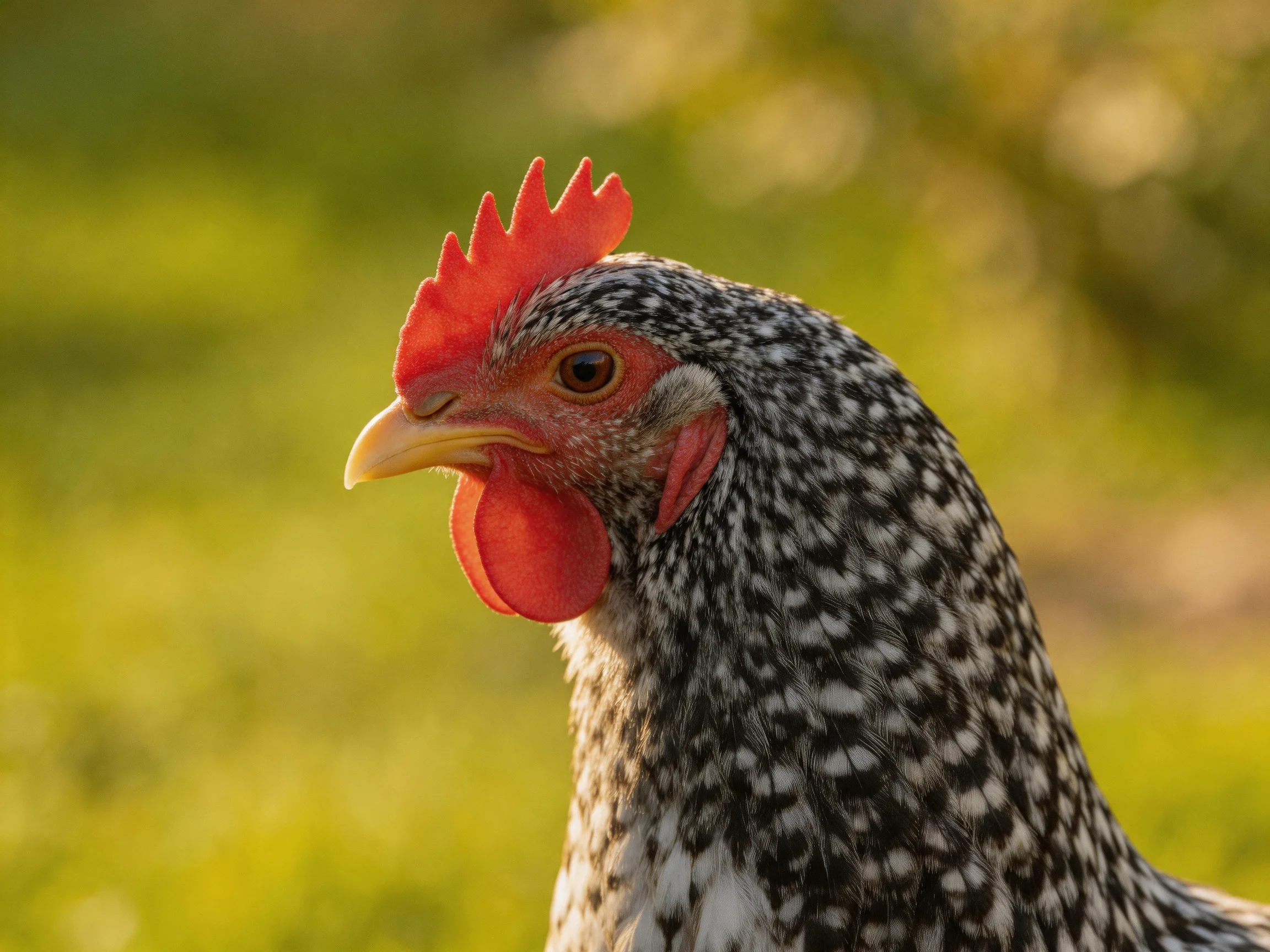 A close - up of a speckled hen with vibrant red comb