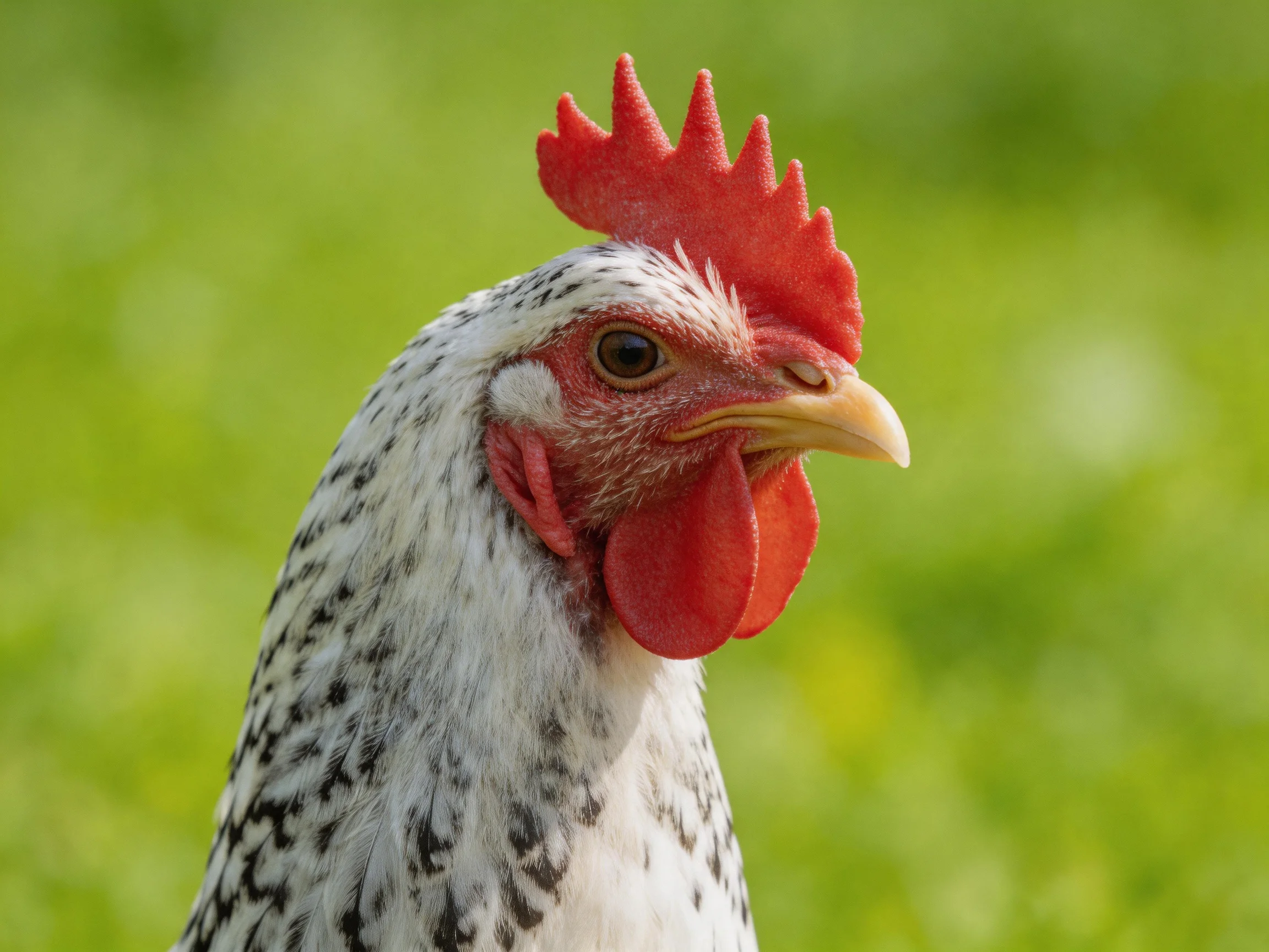 A close - up of a speckled hen with vibrant red comb against a blurred green backdrop