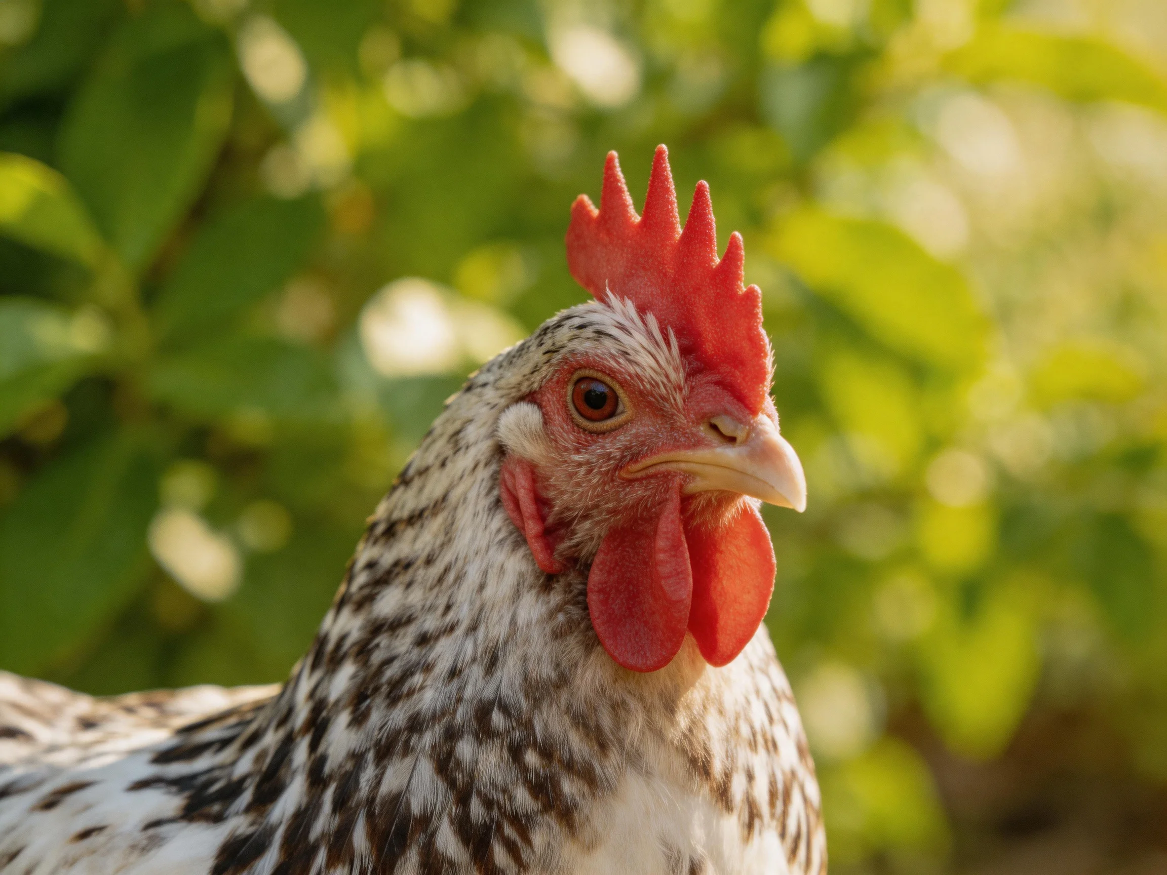 A close-up of a speckled hen with vibrant red comb against lush green foliage