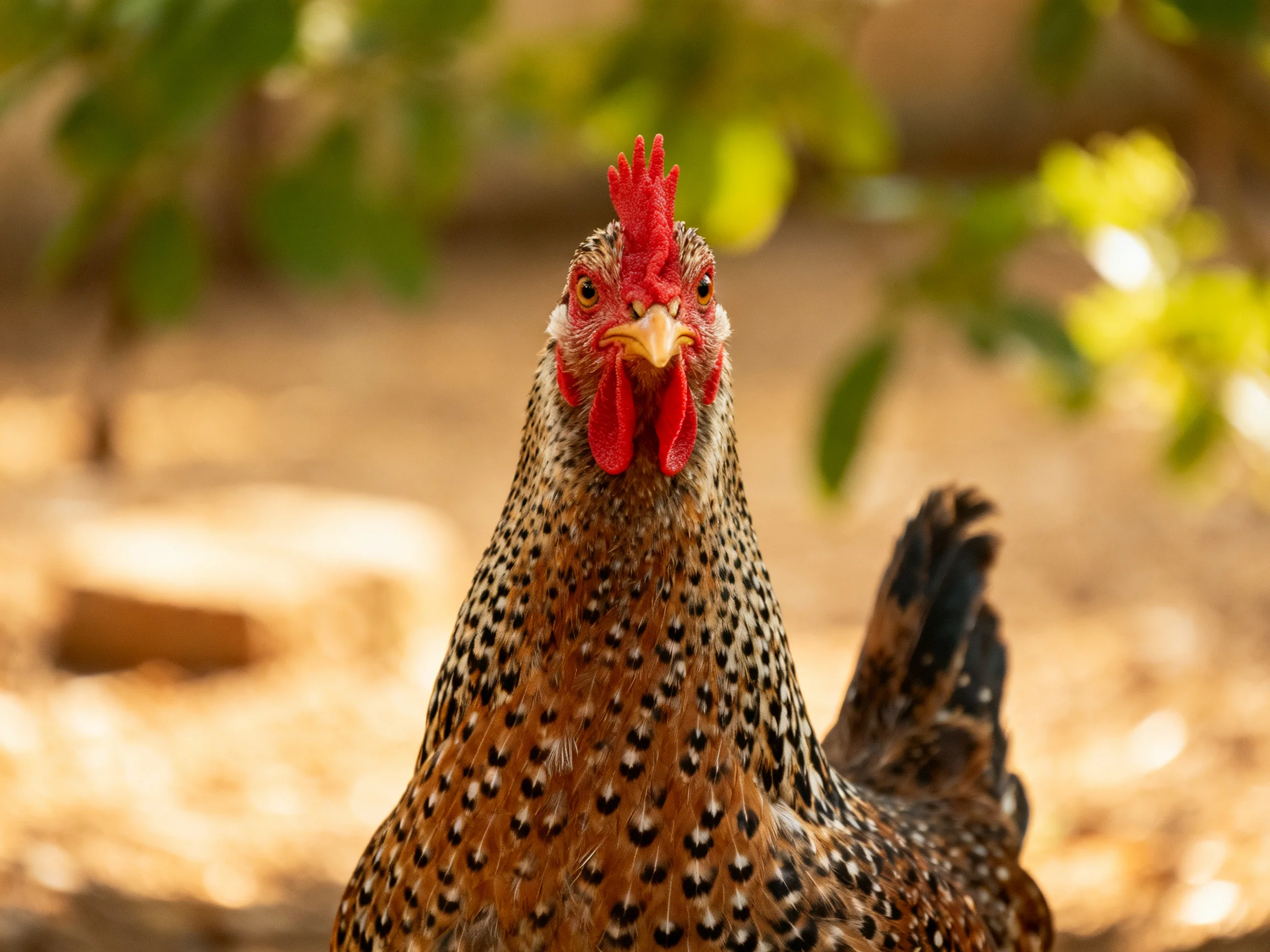 A close-up of a speckled hen with vibrant red comb and beak