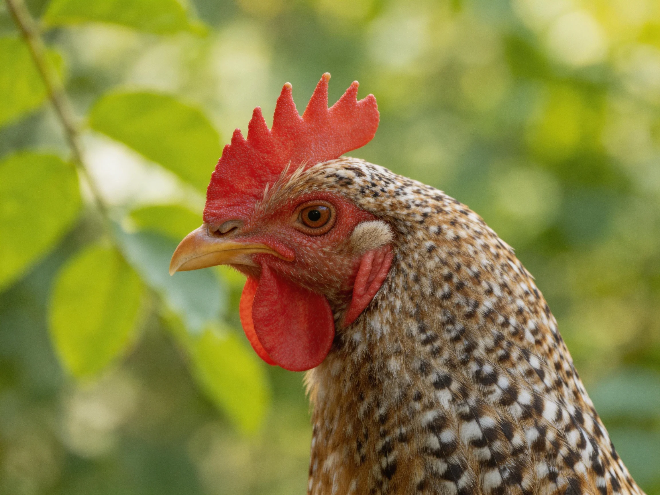 A close - up of a speckled hen with vibrant red comb and wattles