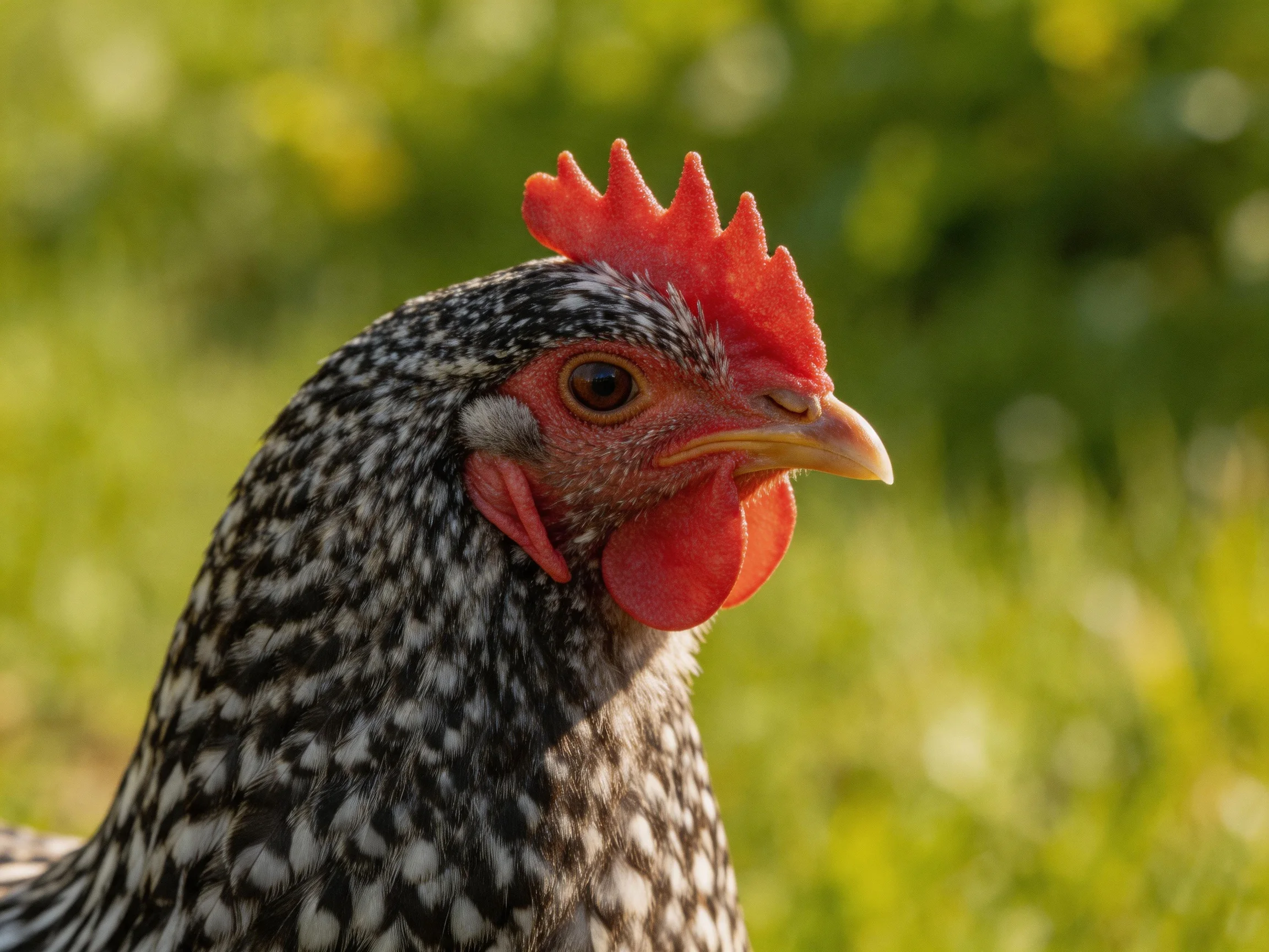 A close - up of a speckled hen with vibrant red comb in a green field