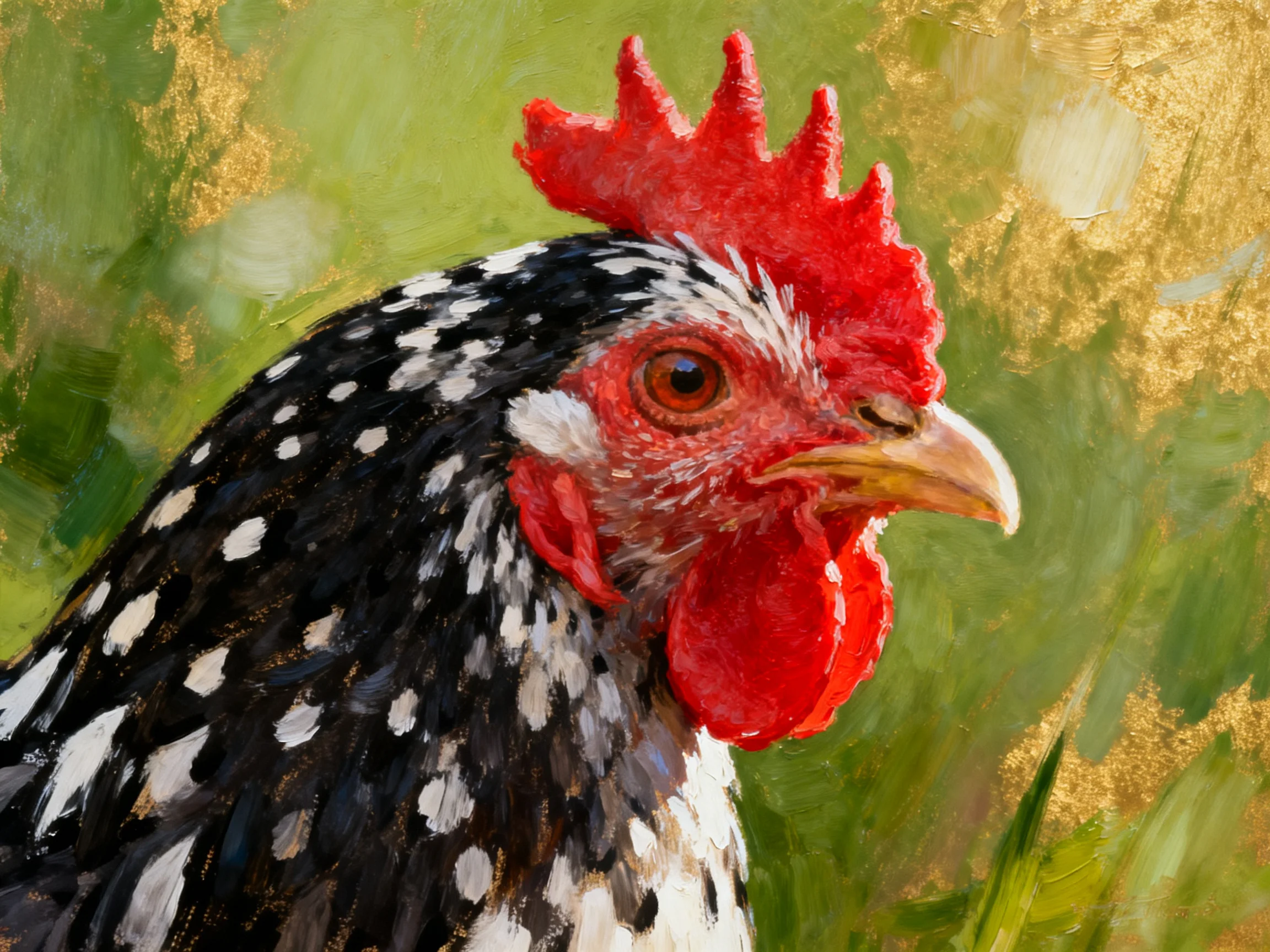 A close - up of a spotted chicken with vibrant red comb and wattles