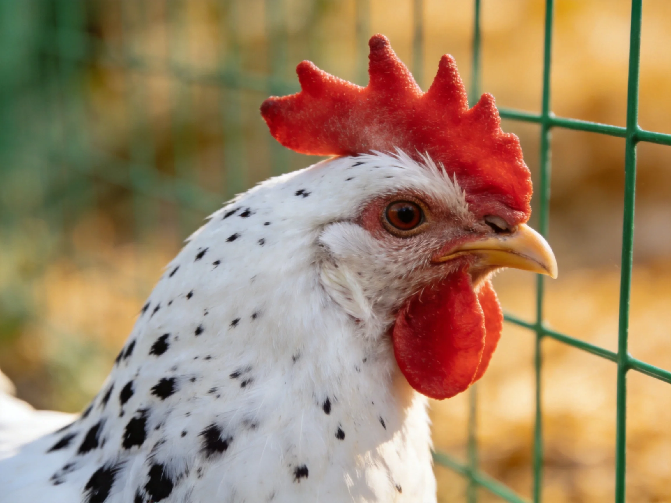 A close - up of a spotted hen with vibrant red comb beside a green wire fence
