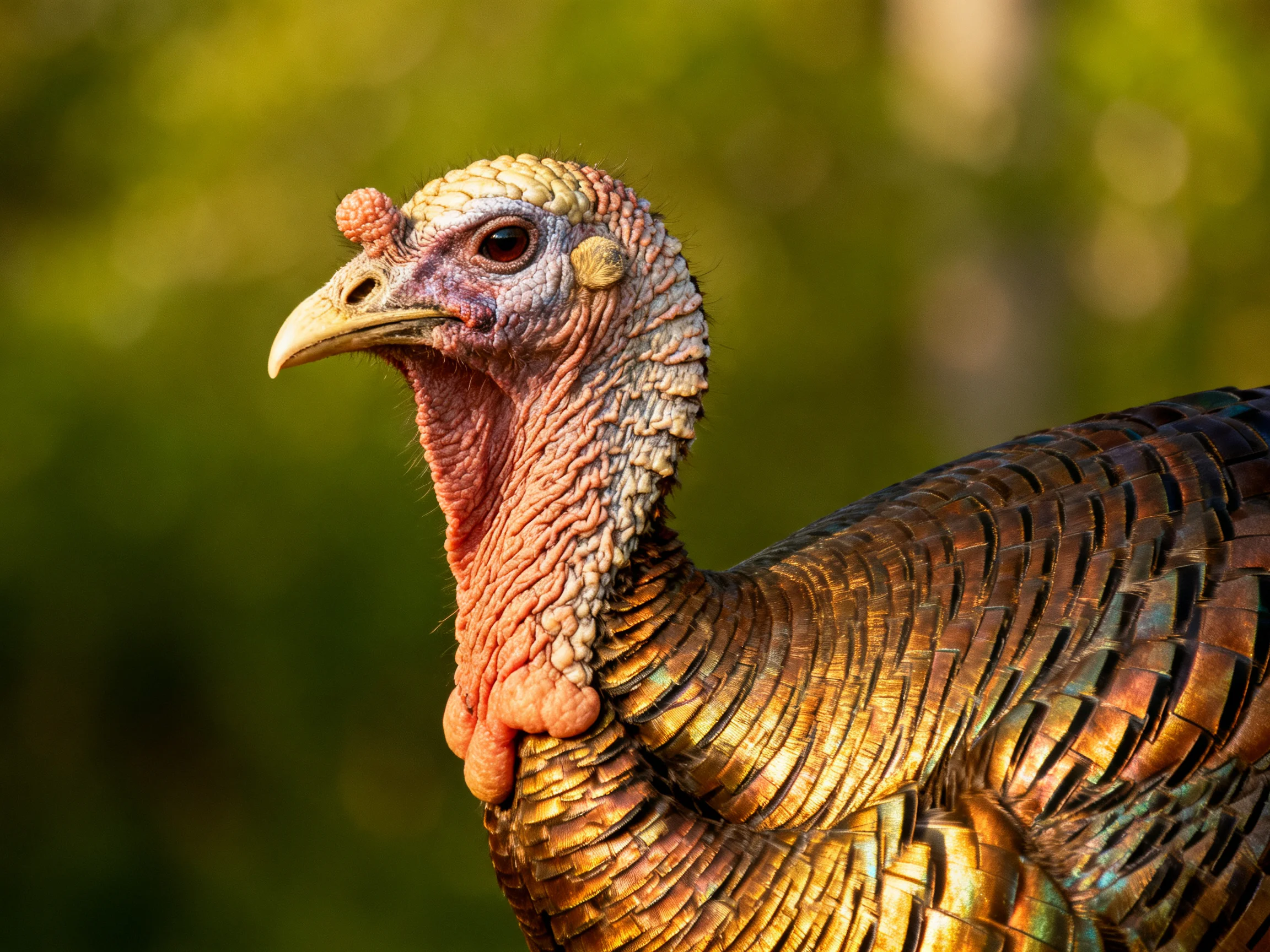 A close-up of a turkey with vibrant, textured plumage against a blurred green backdrop.