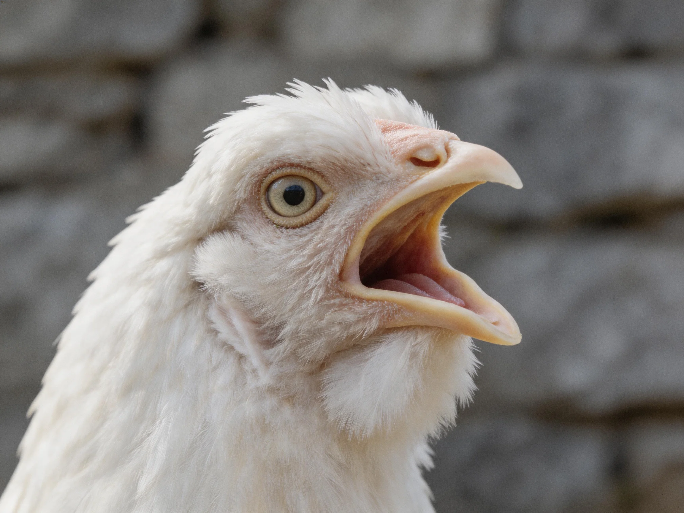 A close - up of a white chicken with an open beak near a stone wall