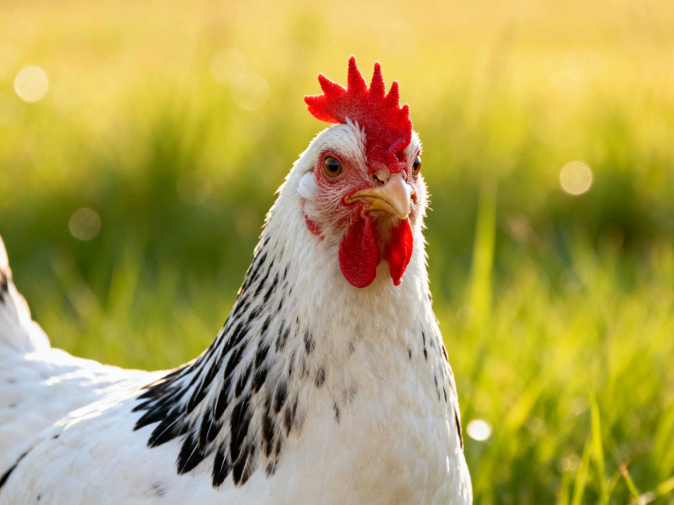 A white chicken with black markings is depicted in a sunlit grassy environment.