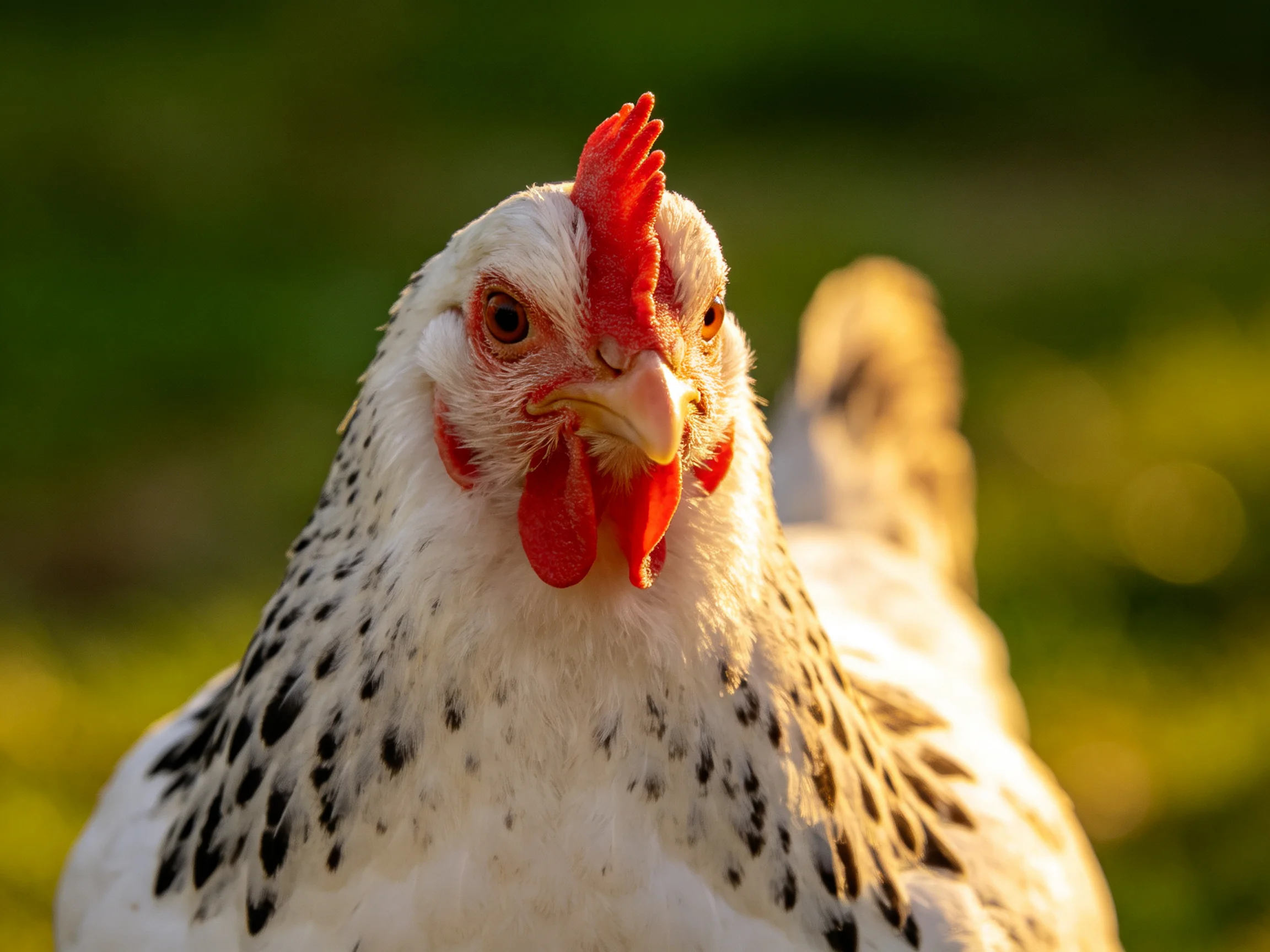 A close-up reveals a white chicken with black-spotted feathers and red facial features.