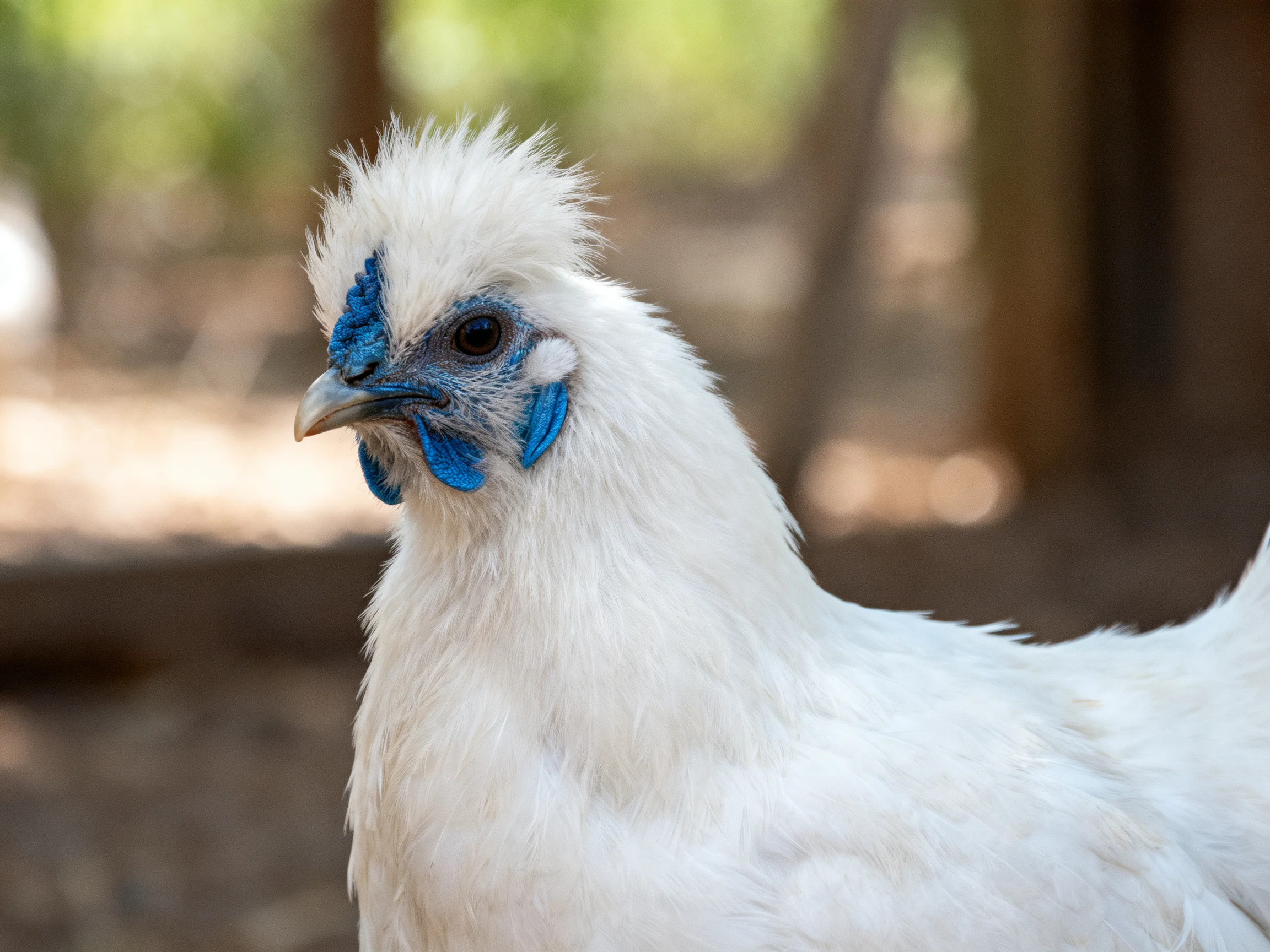 A close - up reveals a white chicken with striking blue facial markings.
