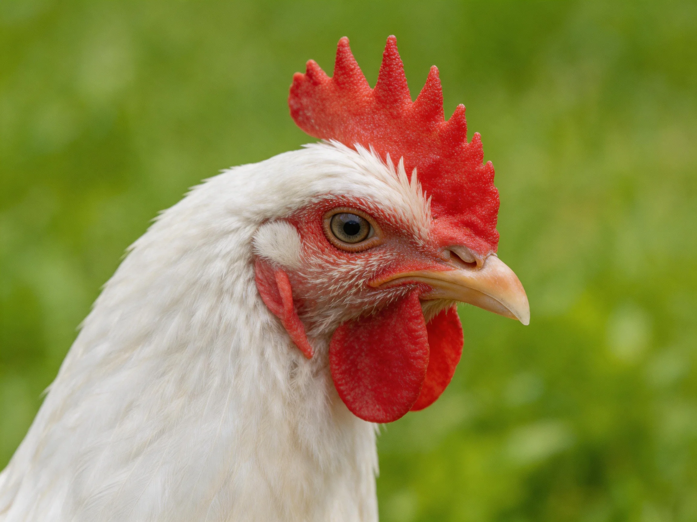 A close - up of a white chicken with bright red comb and wattles against green foliage