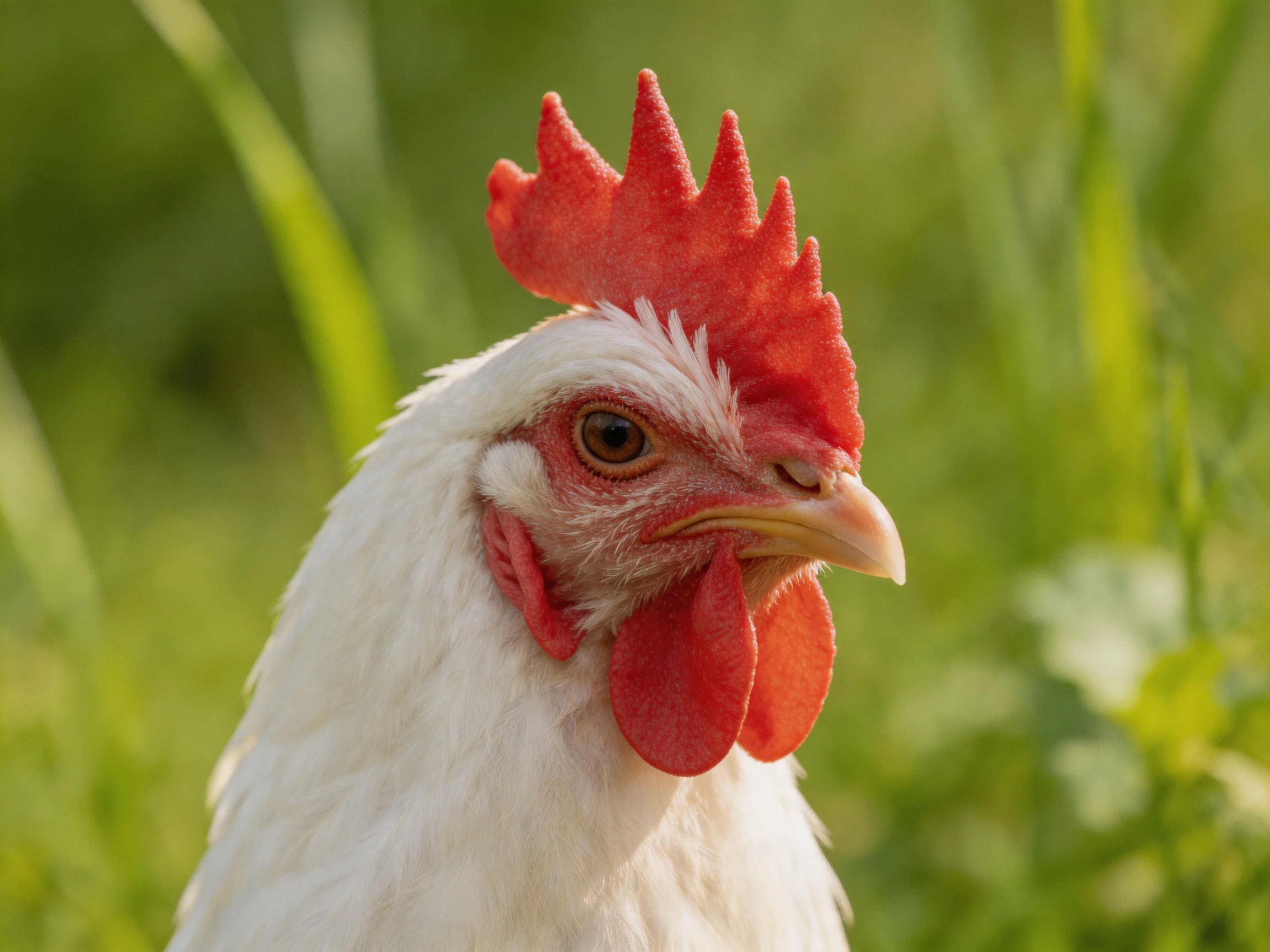 A close - up of a white chicken with bright red comb and wattles against greenery