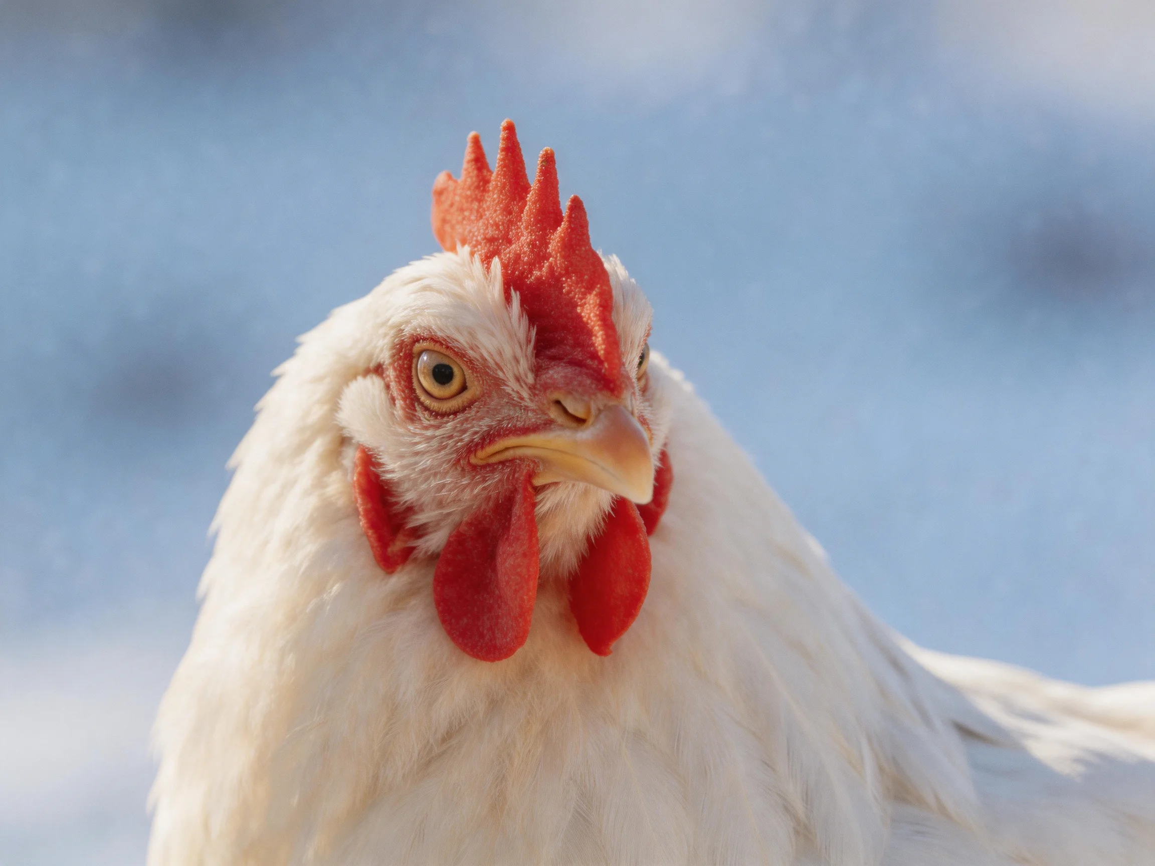 A close-up of a white chicken with bright red comb and wattles