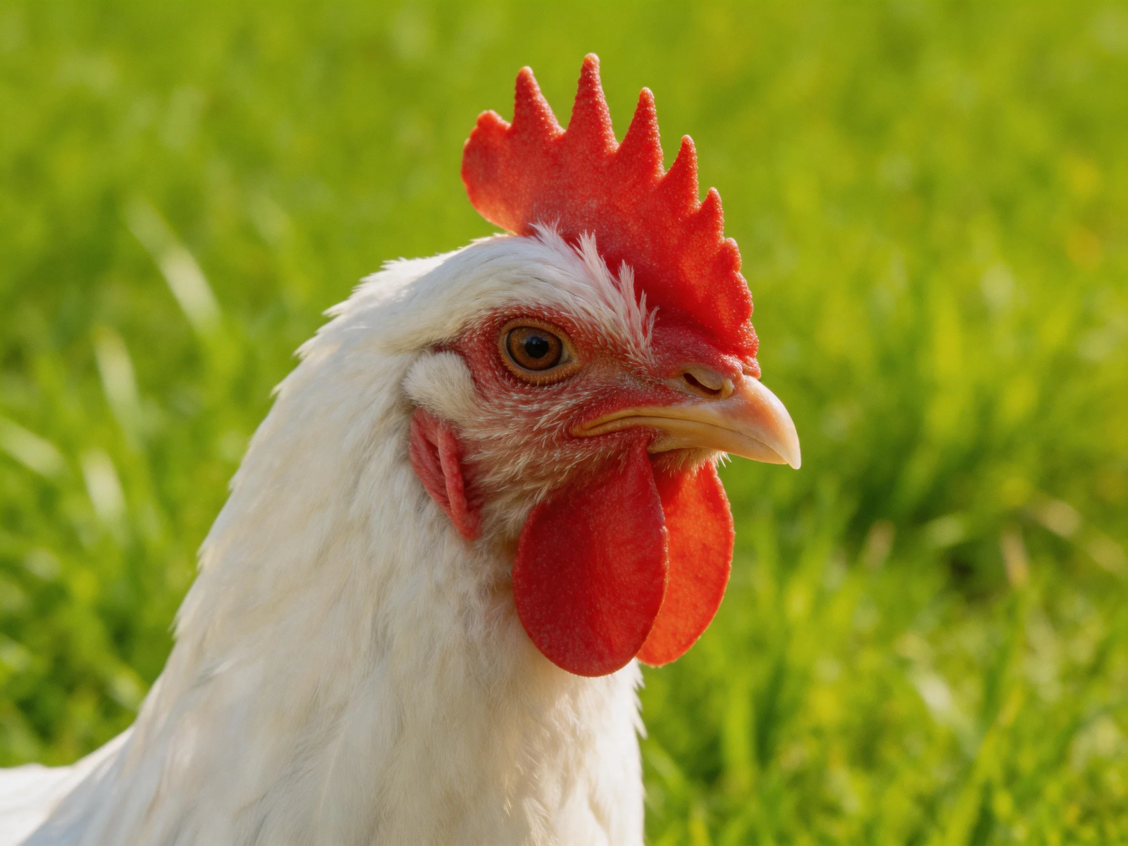 A white chicken with a bright red comb is shown on green grass.