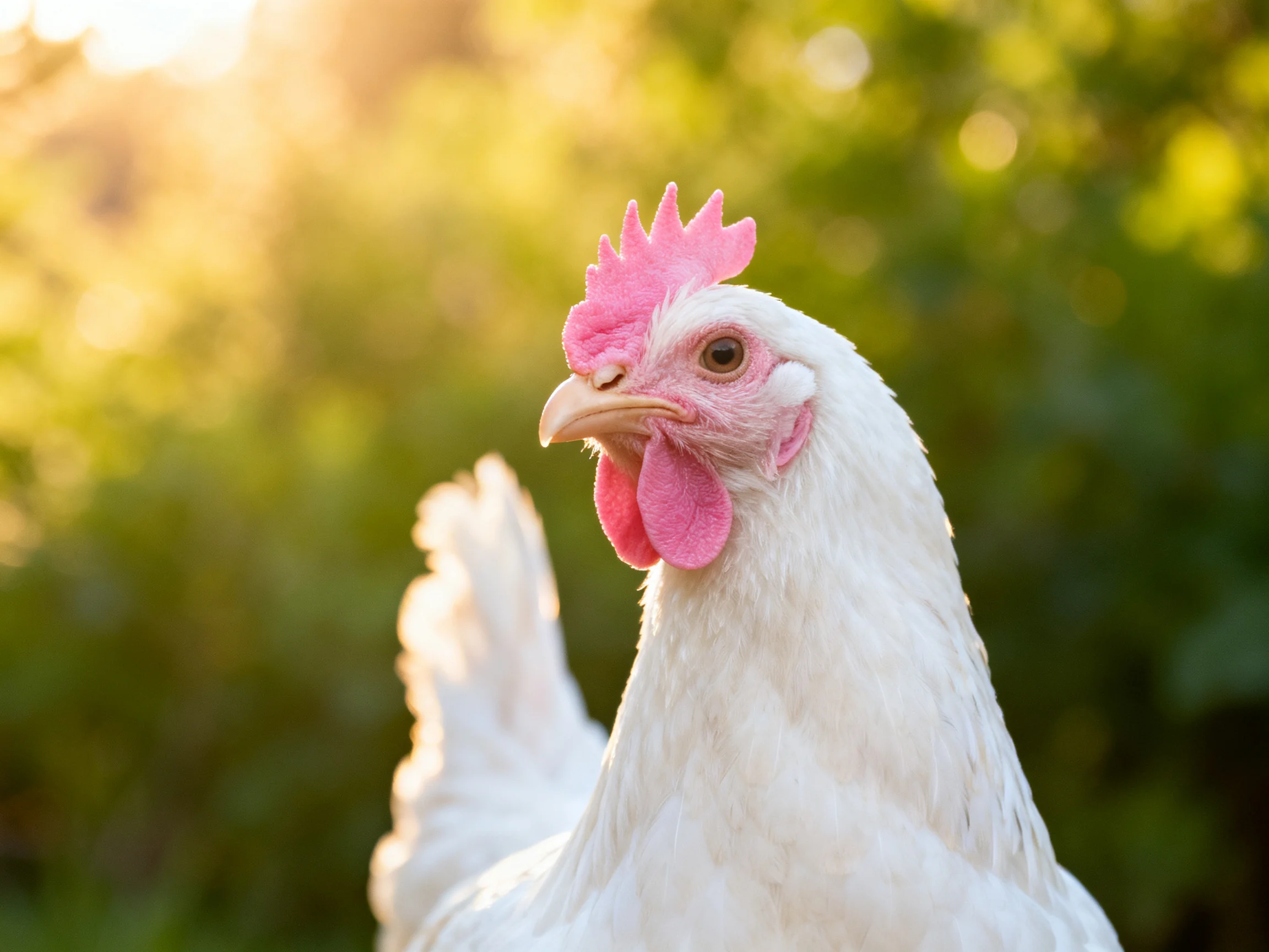 A close-up of a white chicken with pink comb in a sunlit garden