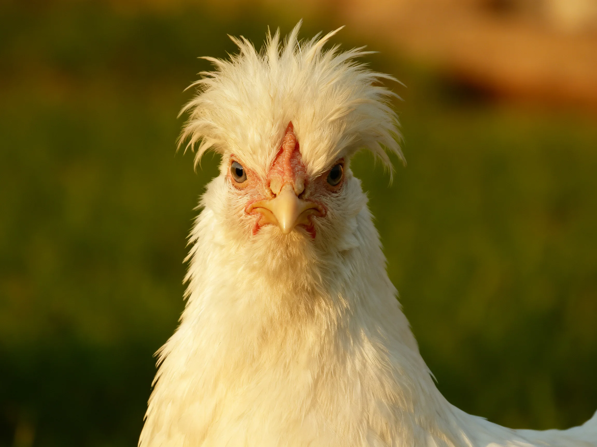 A close-up of a white chicken with spiky, fluffy feathers