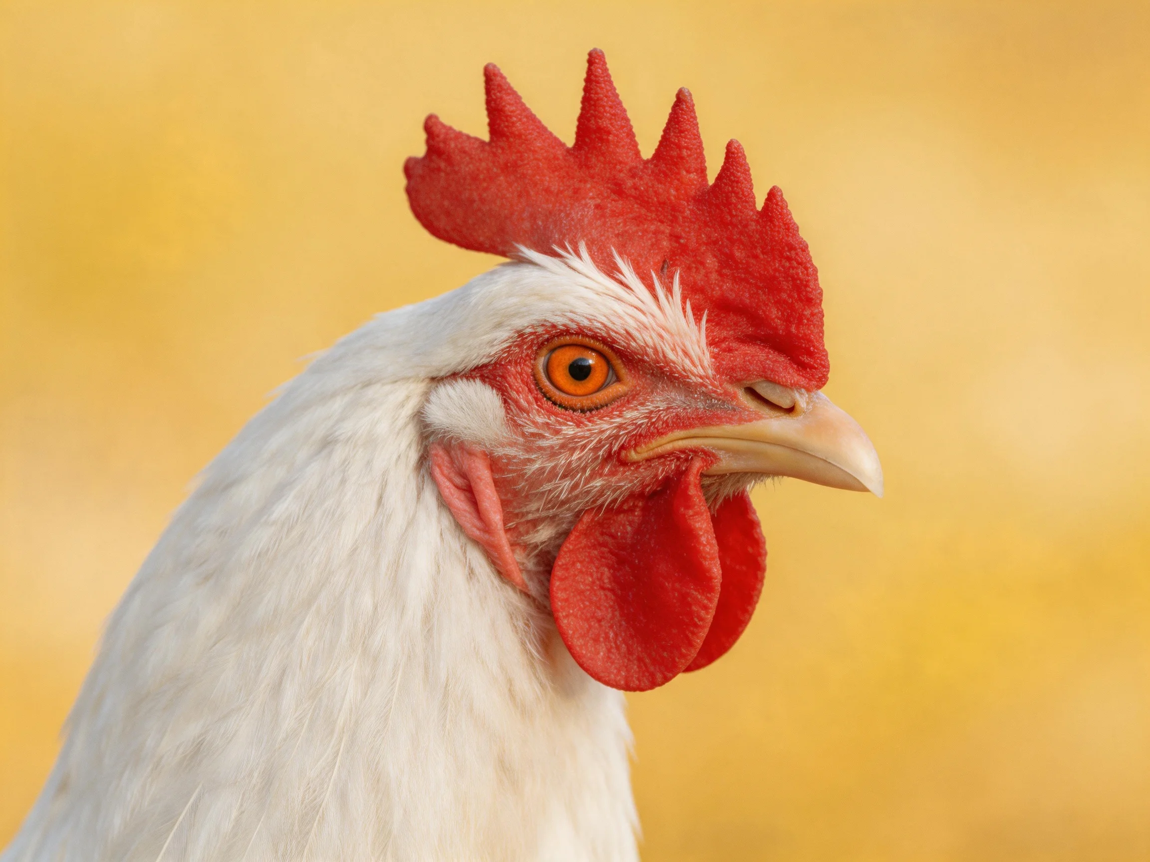 A close-up of a white chicken displaying its vibrant red comb and wattle