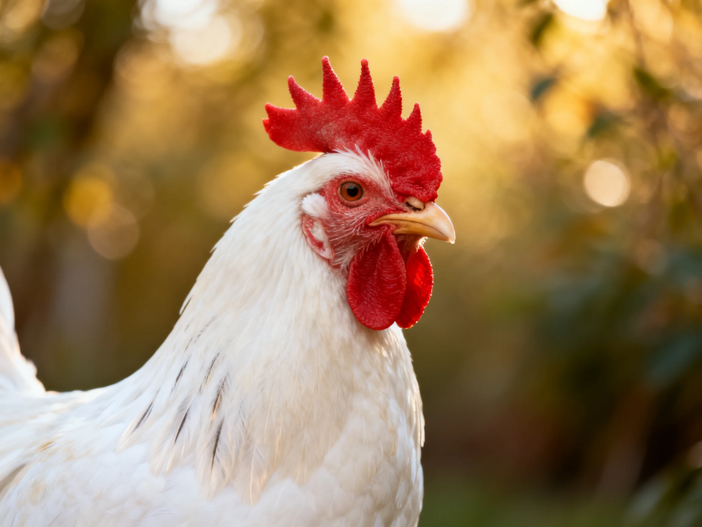 A close - up of a white chicken with vibrant red comb and wattle
