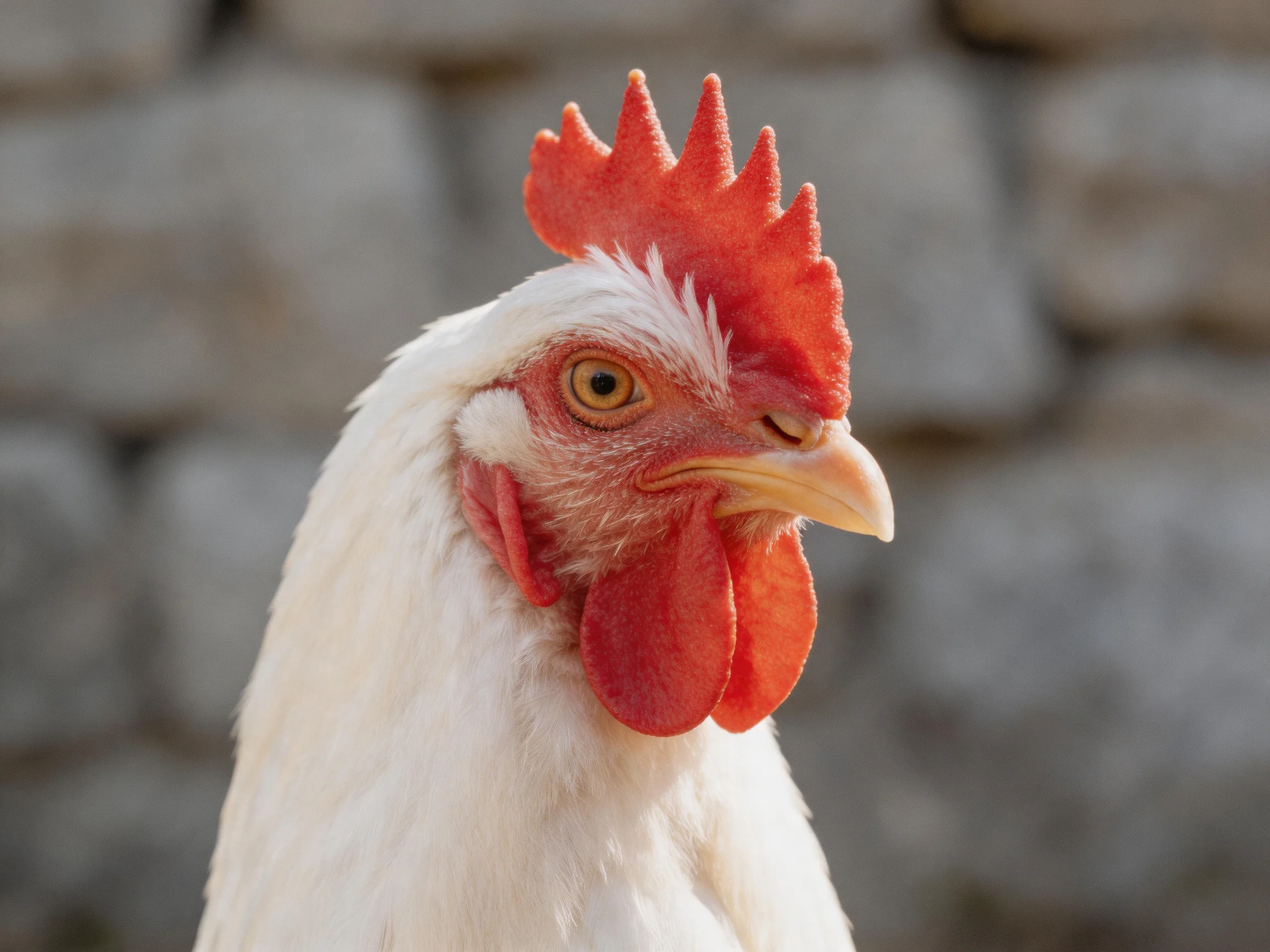 A close - up of a white chicken with vibrant red comb and wattles