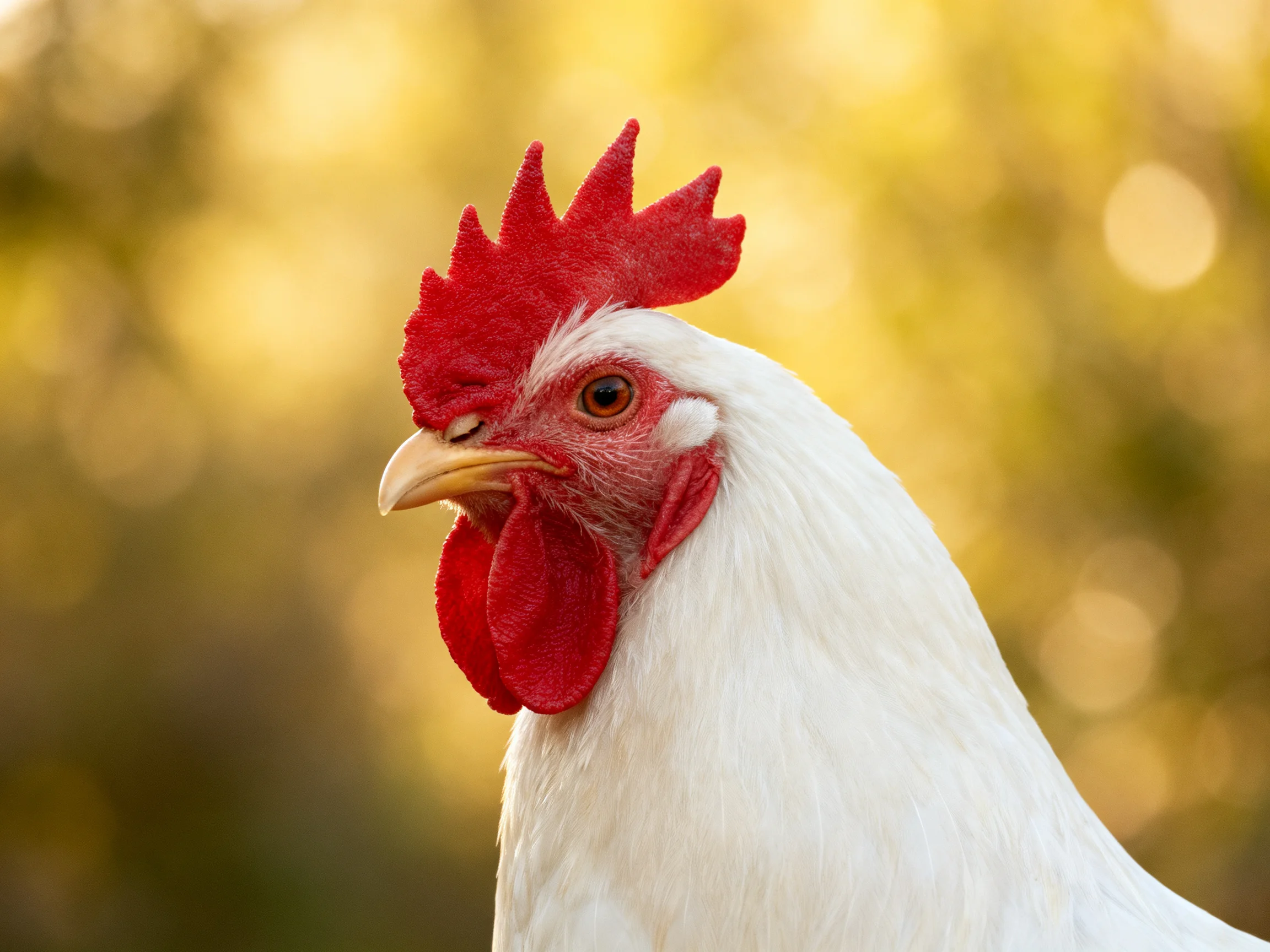 A close-up of a white chicken with vibrant red comb and wattles