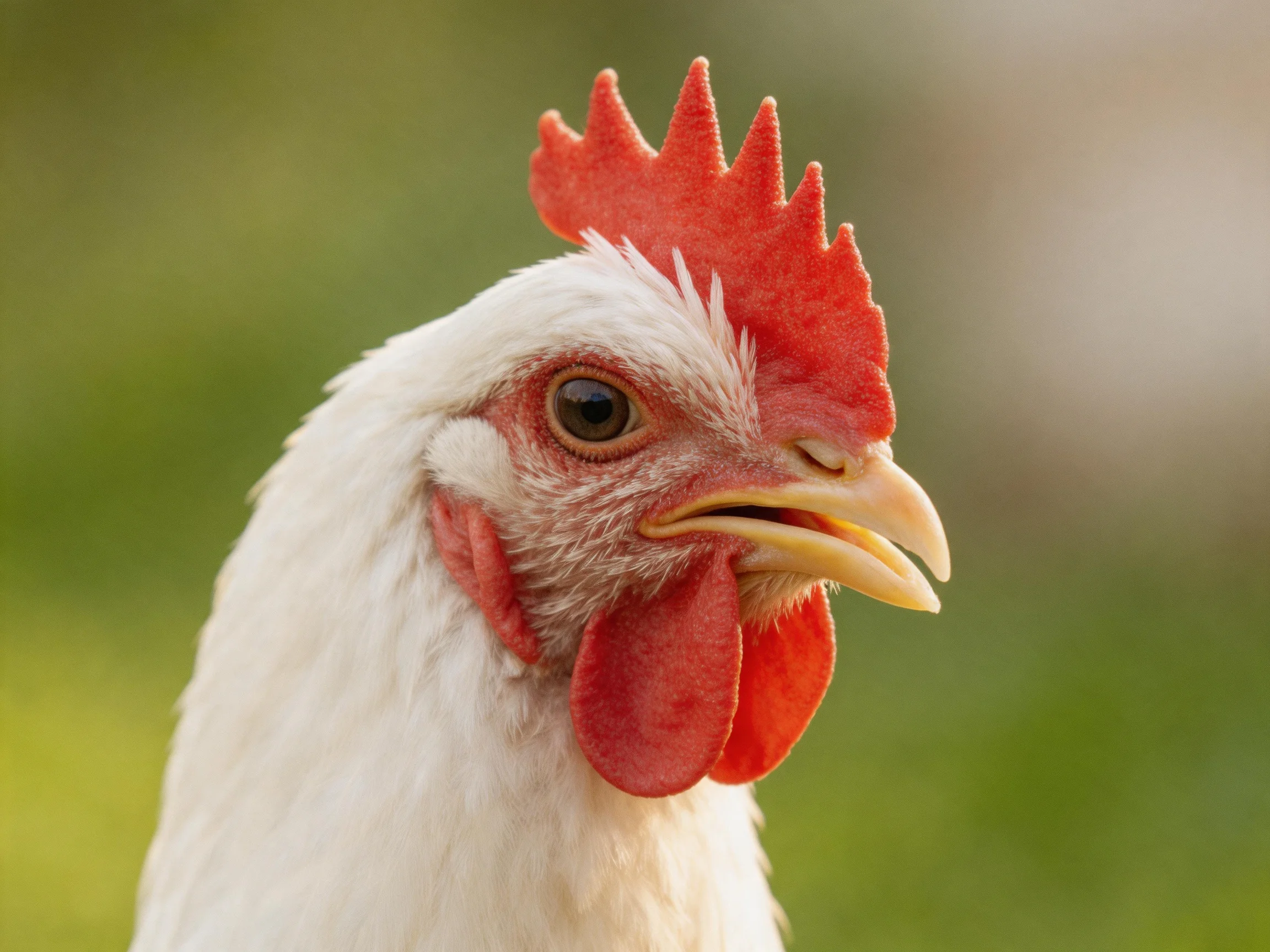 A close - up of a white chicken with vibrant red comb and wattles