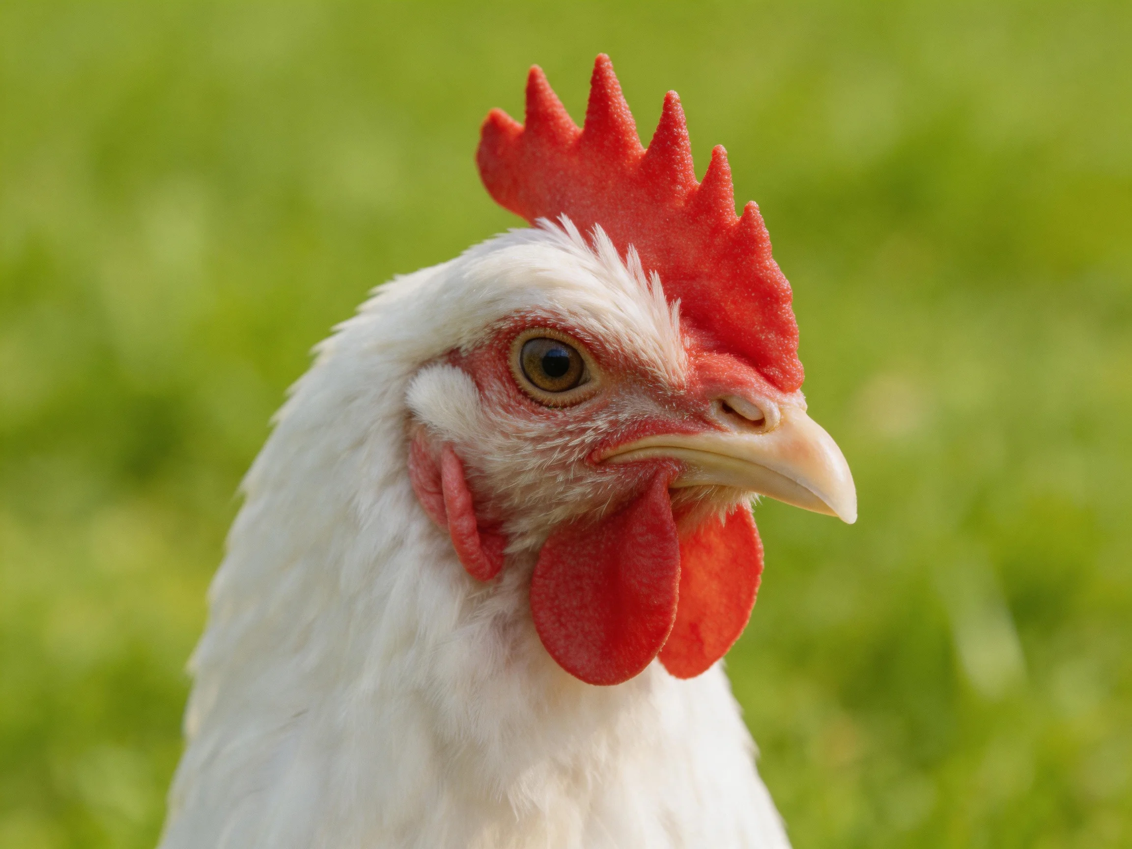 A close - up of a white chicken with vibrant red comb and wattles against green grass