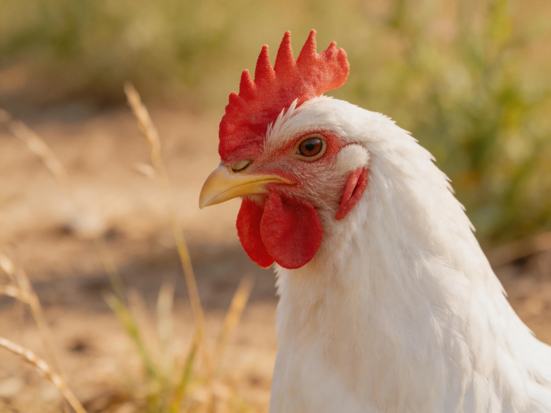 A white chicken with red facial features is shown outdoors near blurred vegetation.
