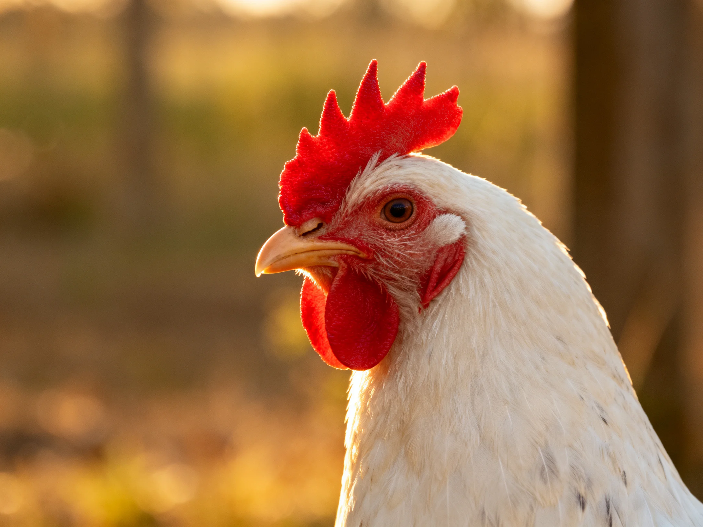A close - up of a white chicken with vibrant red comb and wattles in an outdoor setting
