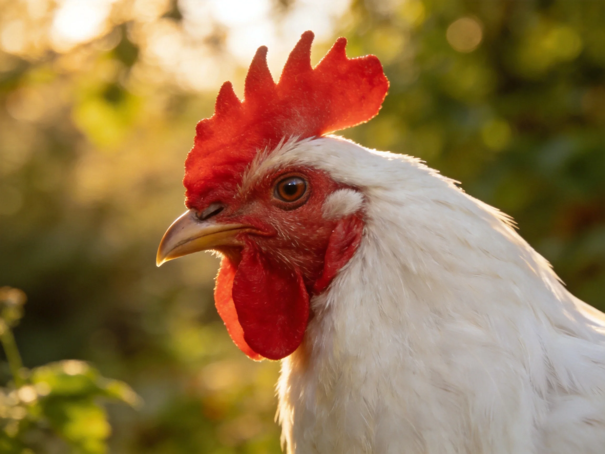 A close - up of a white chicken with vibrant red comb and wattles