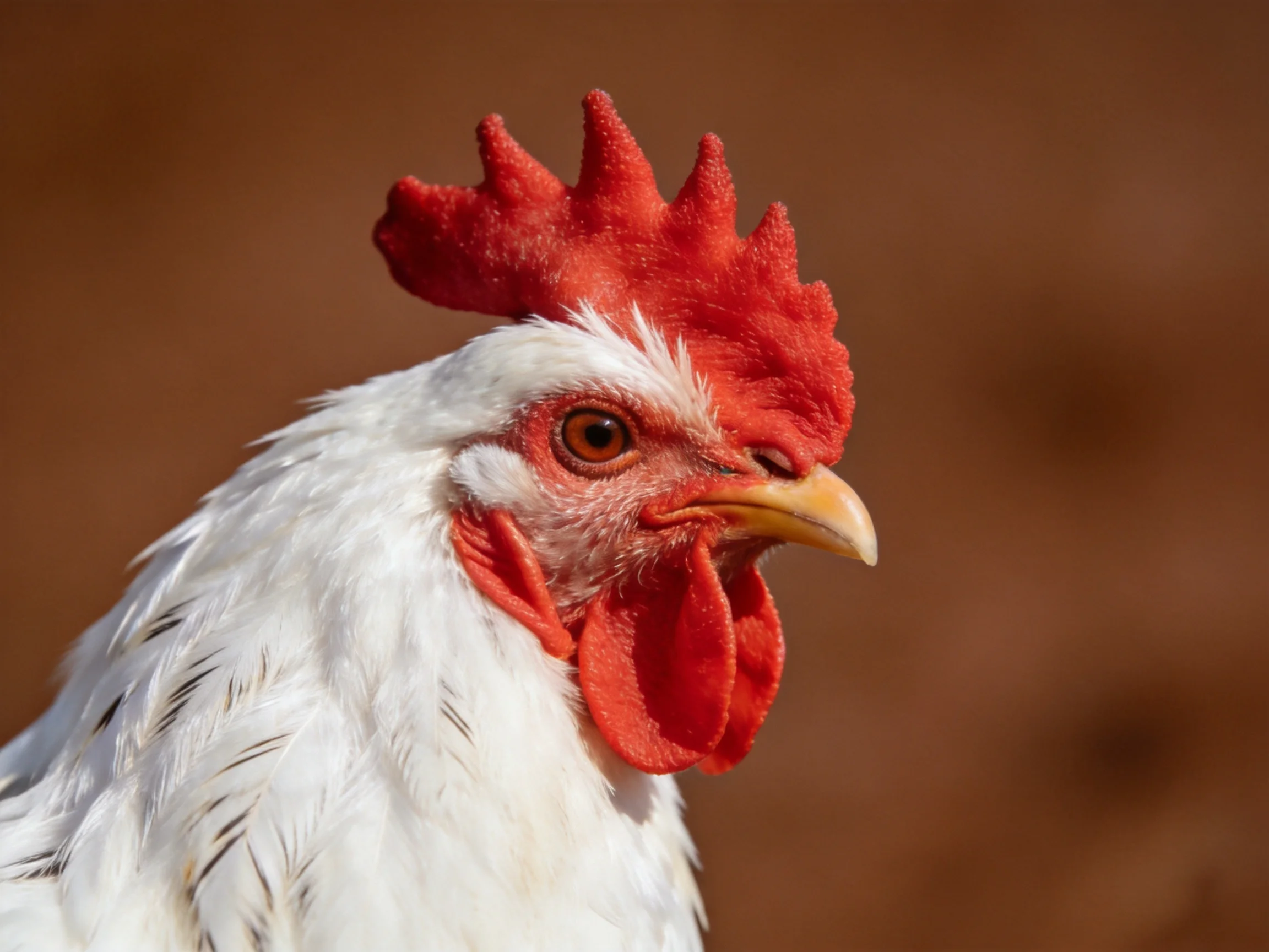 A close-up of a white chicken with vibrant red comb and wattles