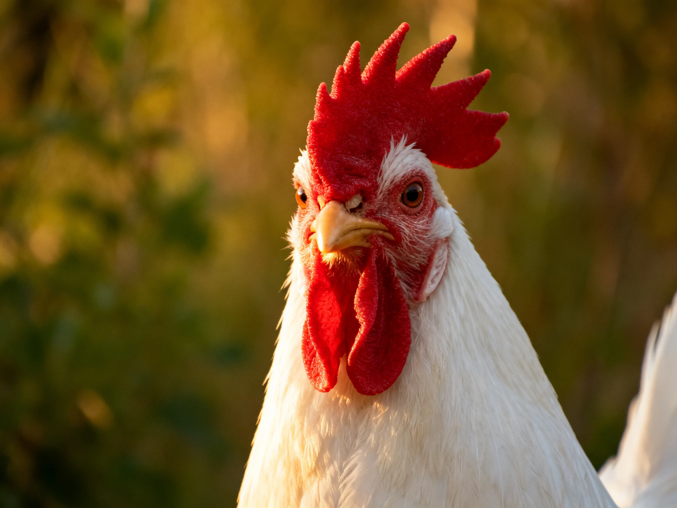 A white chicken with striking red facial features is photographed outdoors.