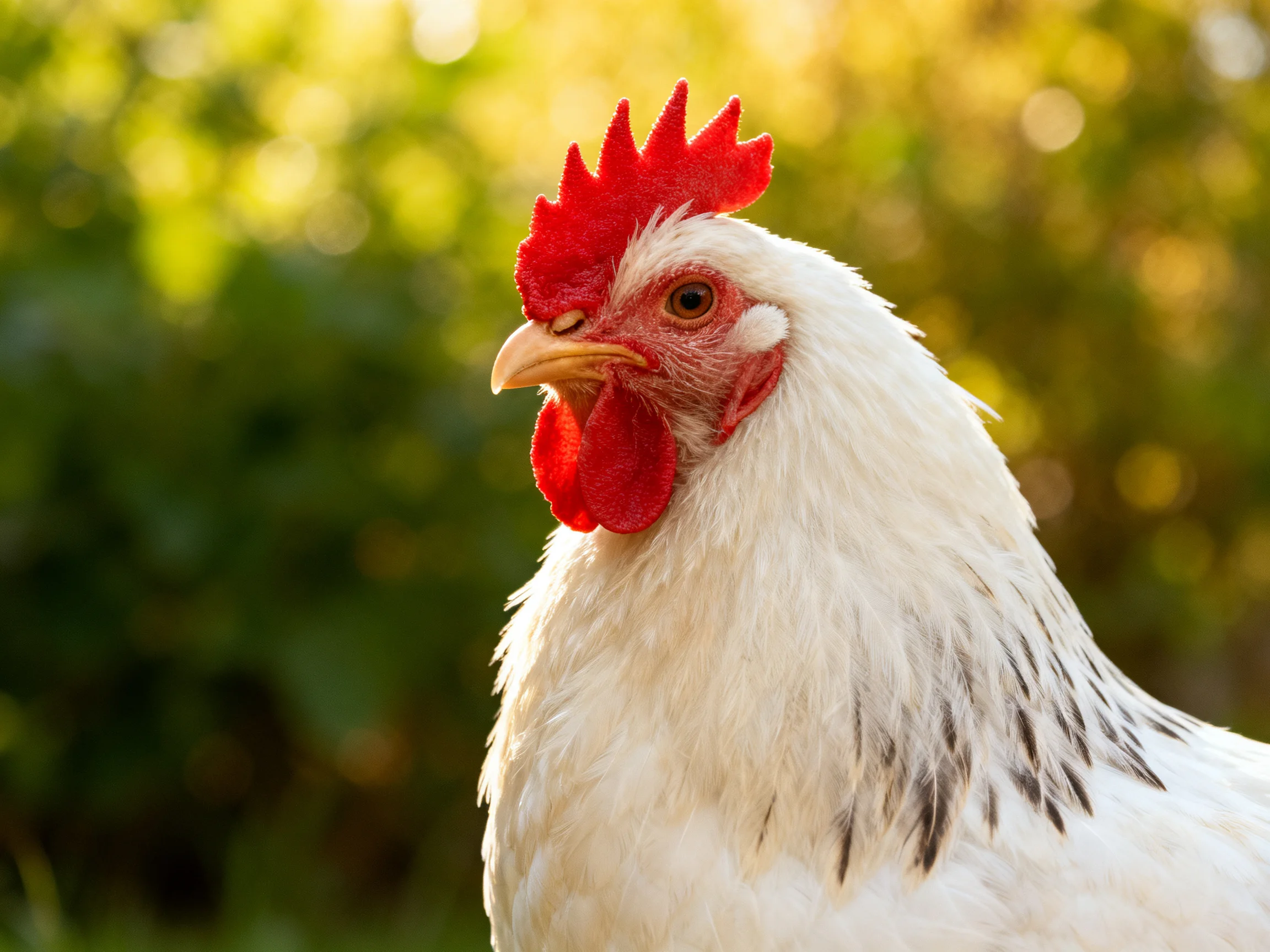 A close - up of a white chicken with vibrant red comb and wattles outdoors