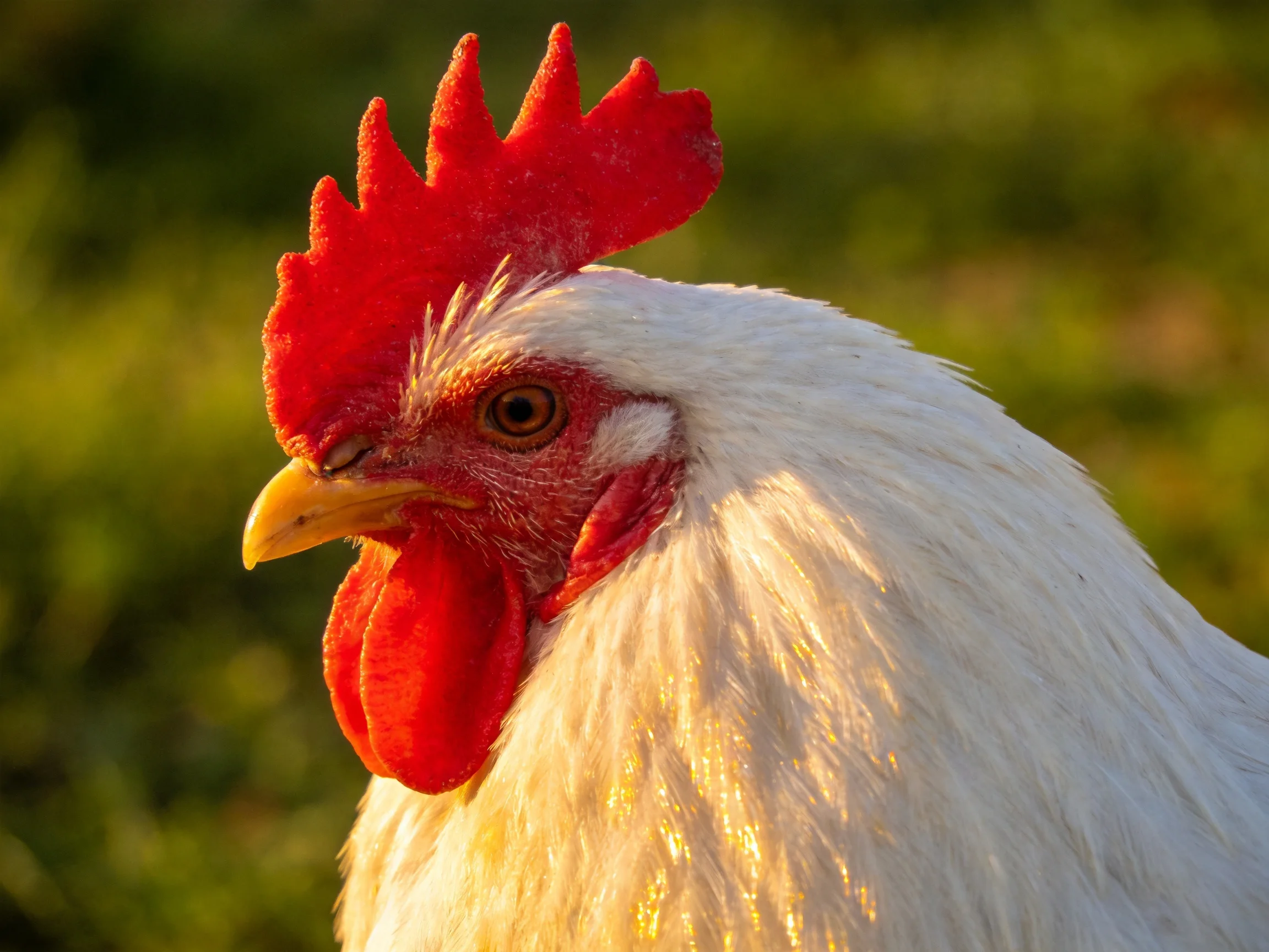 A close-up of a white chicken with vibrant red comb and wattles