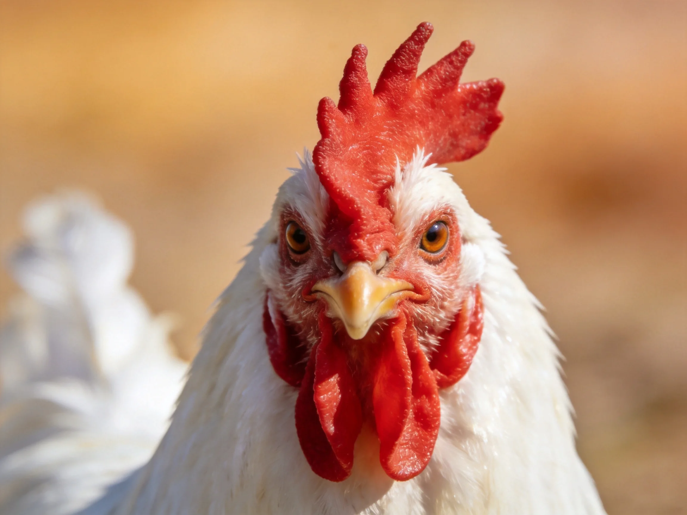 A close - up of a white chicken with vibrant red comb and wattles