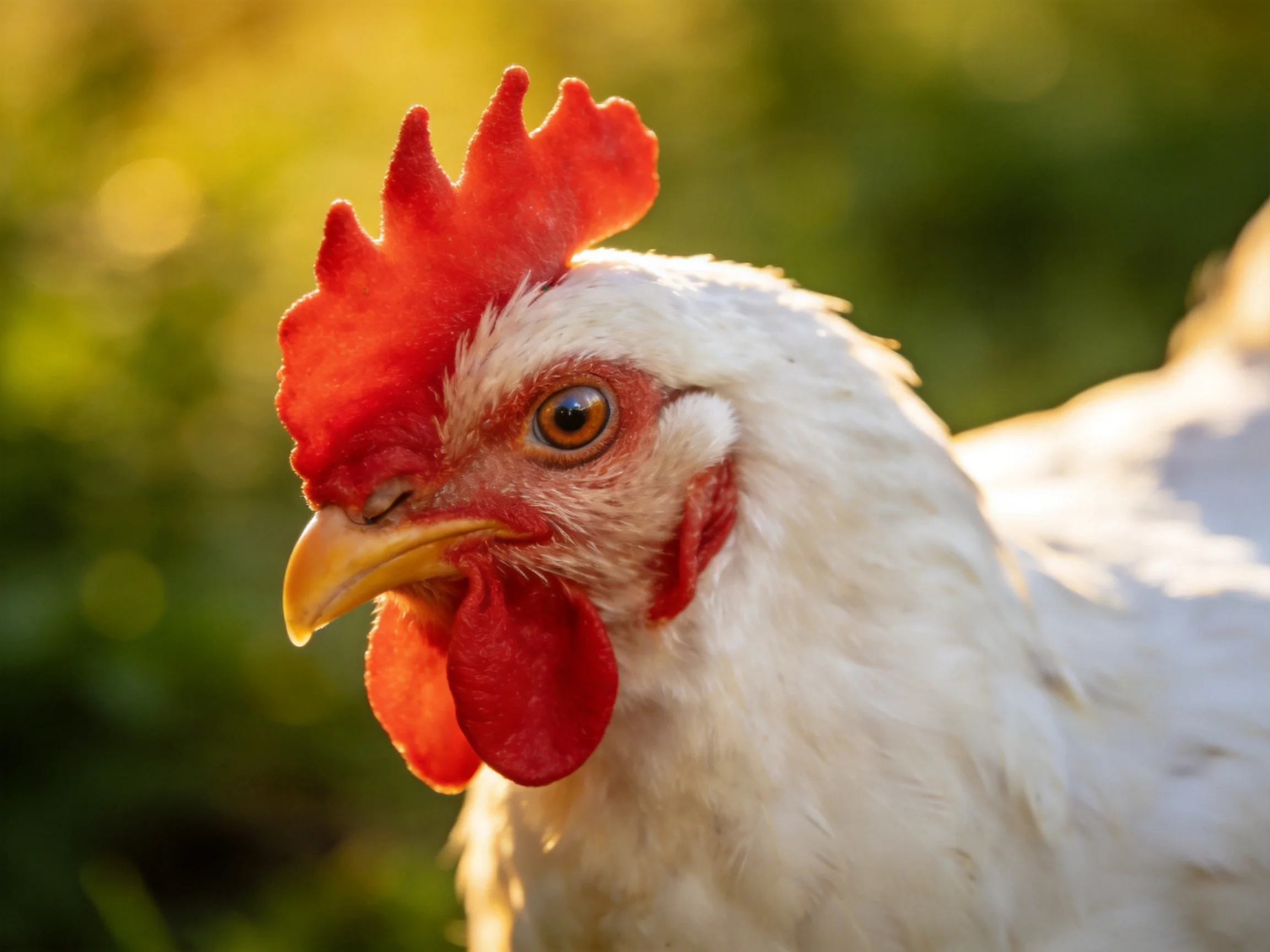 A close-up of a white chicken with vivid red comb and wattles