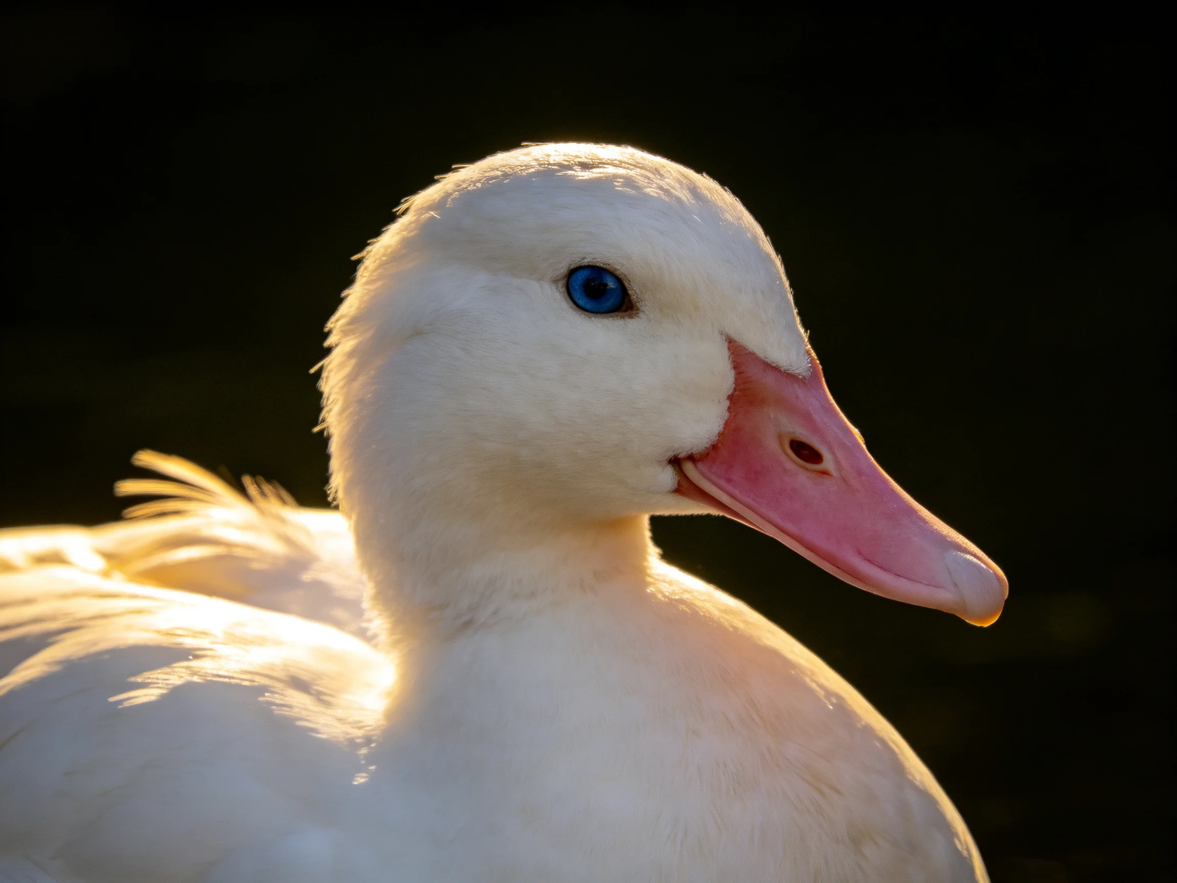 A close-up of a white duck with a pink beak and blue eye under golden light