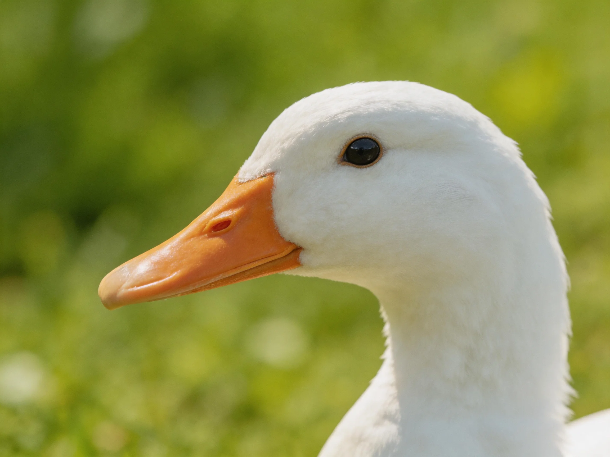 A white duck with an orange beak is shown up close with a blurred green background.