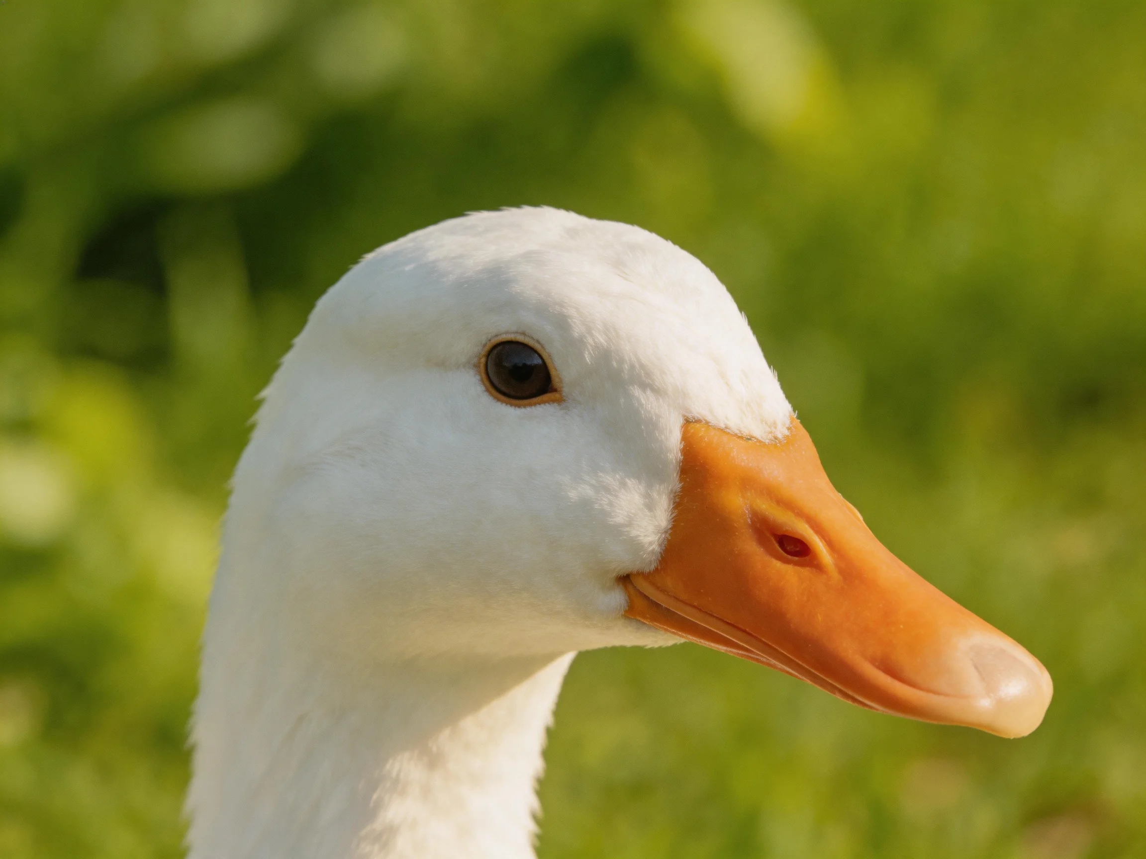 A close - up of a white duck with an orange beak against blurred greenery