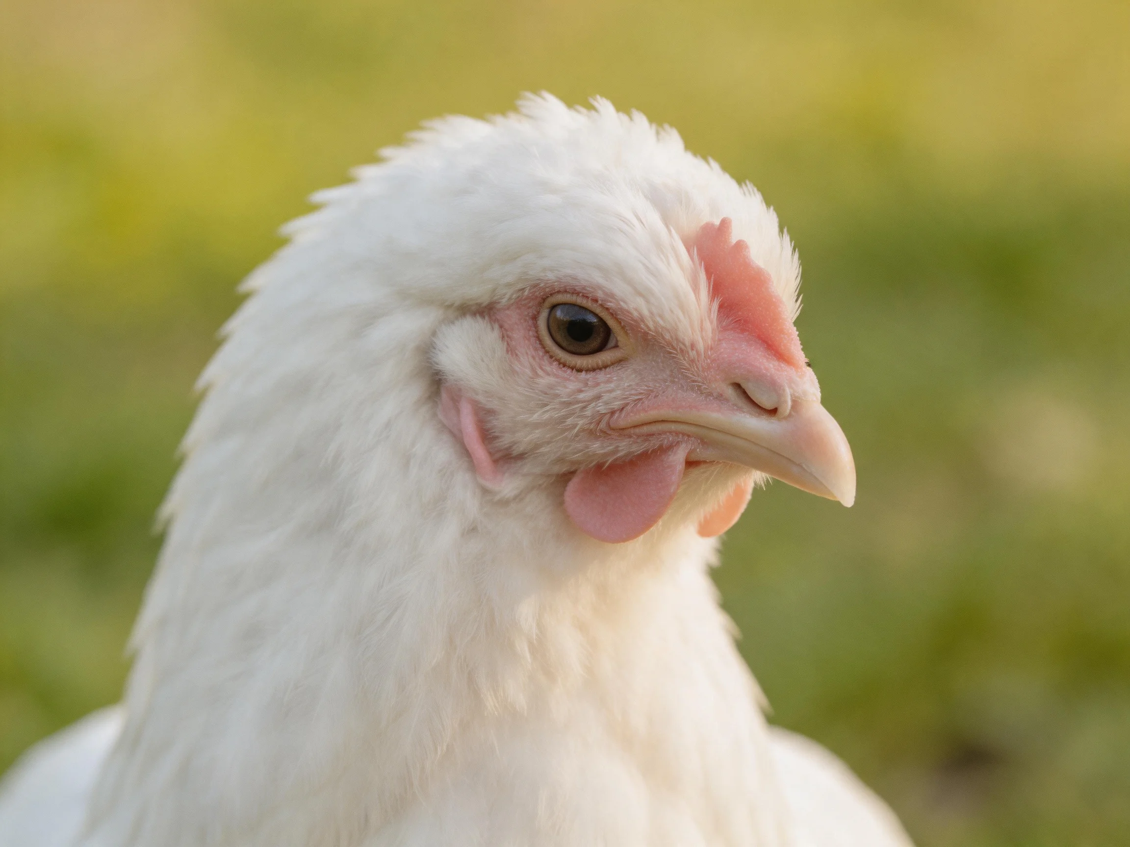 A close-up of a white-feathered chicken with a pink comb