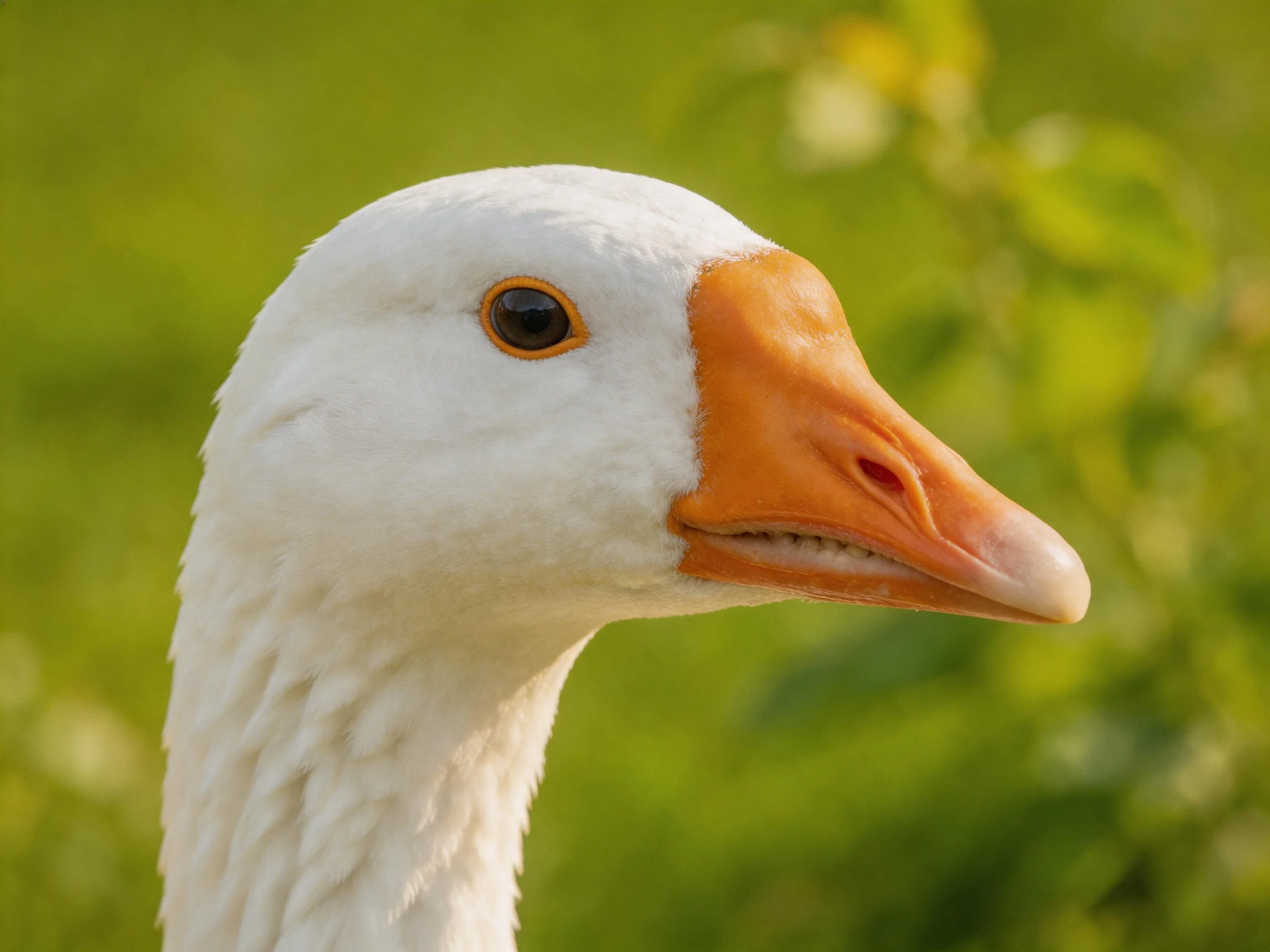 A close- up of a white - feathered goose with an orange beak among greenery