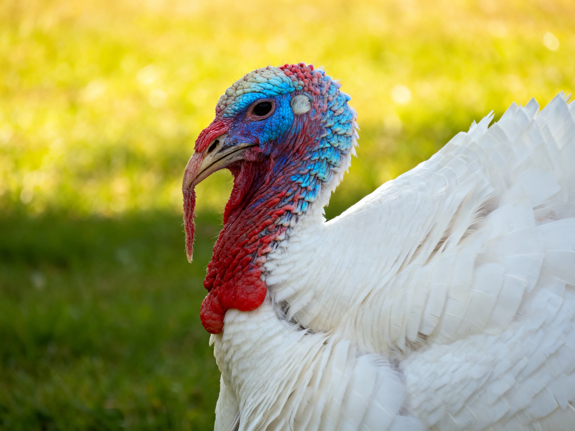 Close - up of a white - feathered turkey with colorful head details.