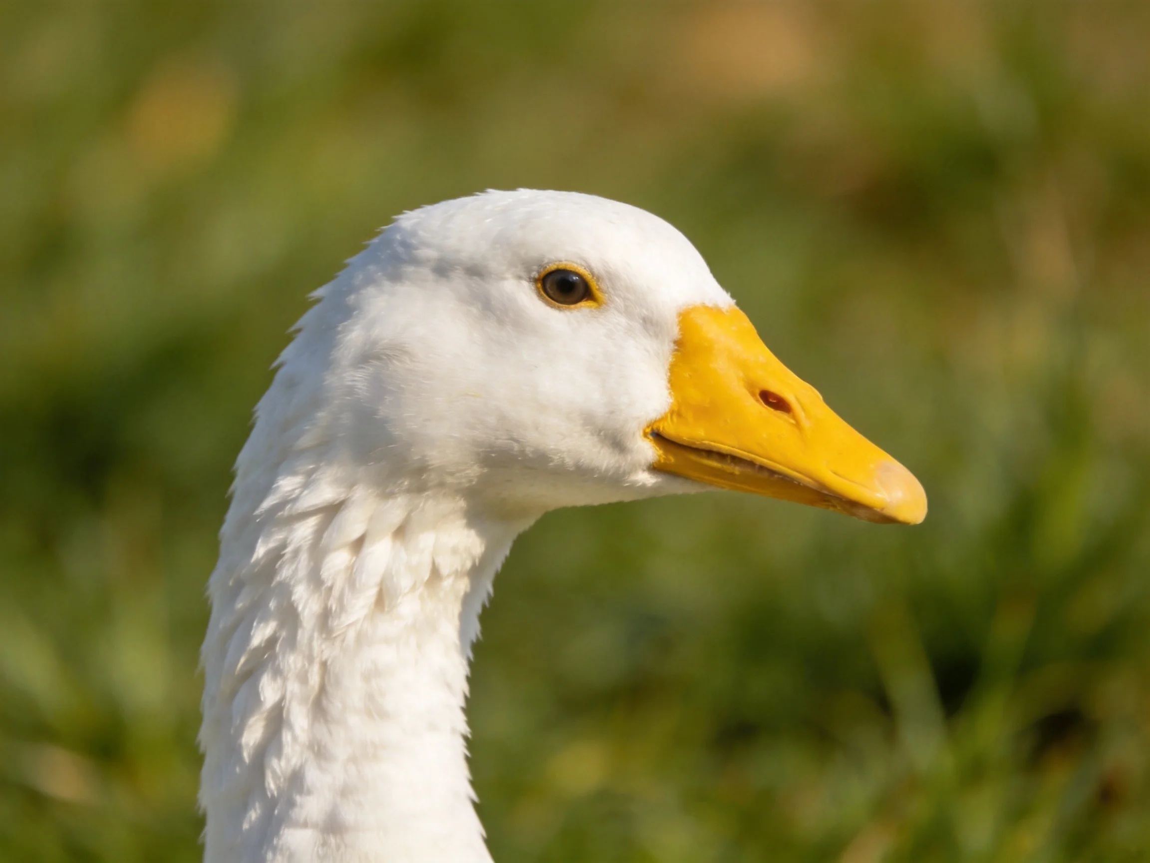 A close - up of a white goose with a bright yellow beak
