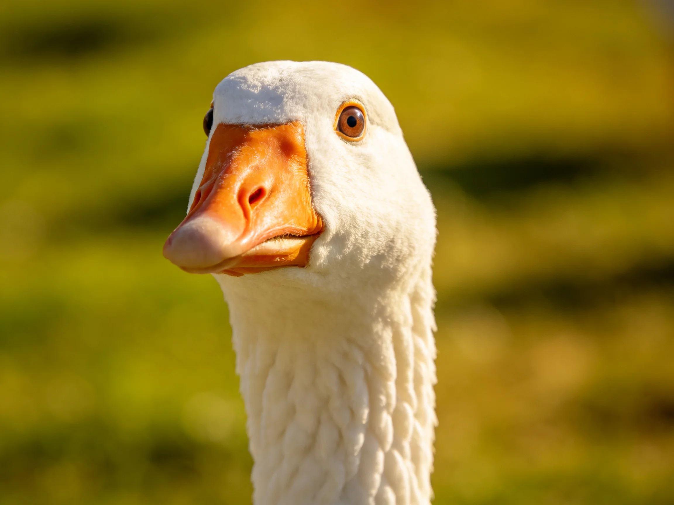 A close-up of a white goose with an orange beak against a blurred green background