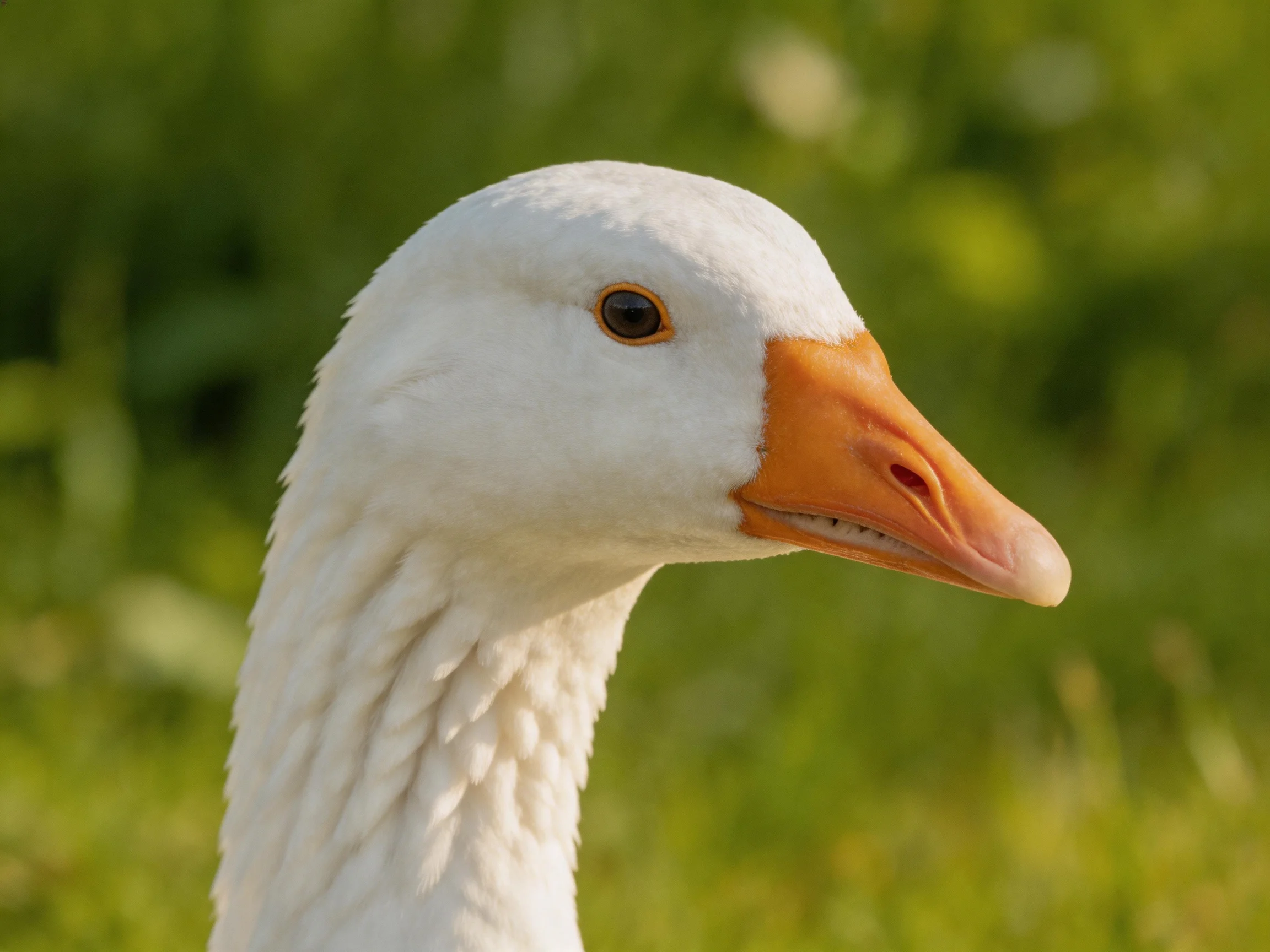 A close - up of a white goose with an orange beak against a green backdrop